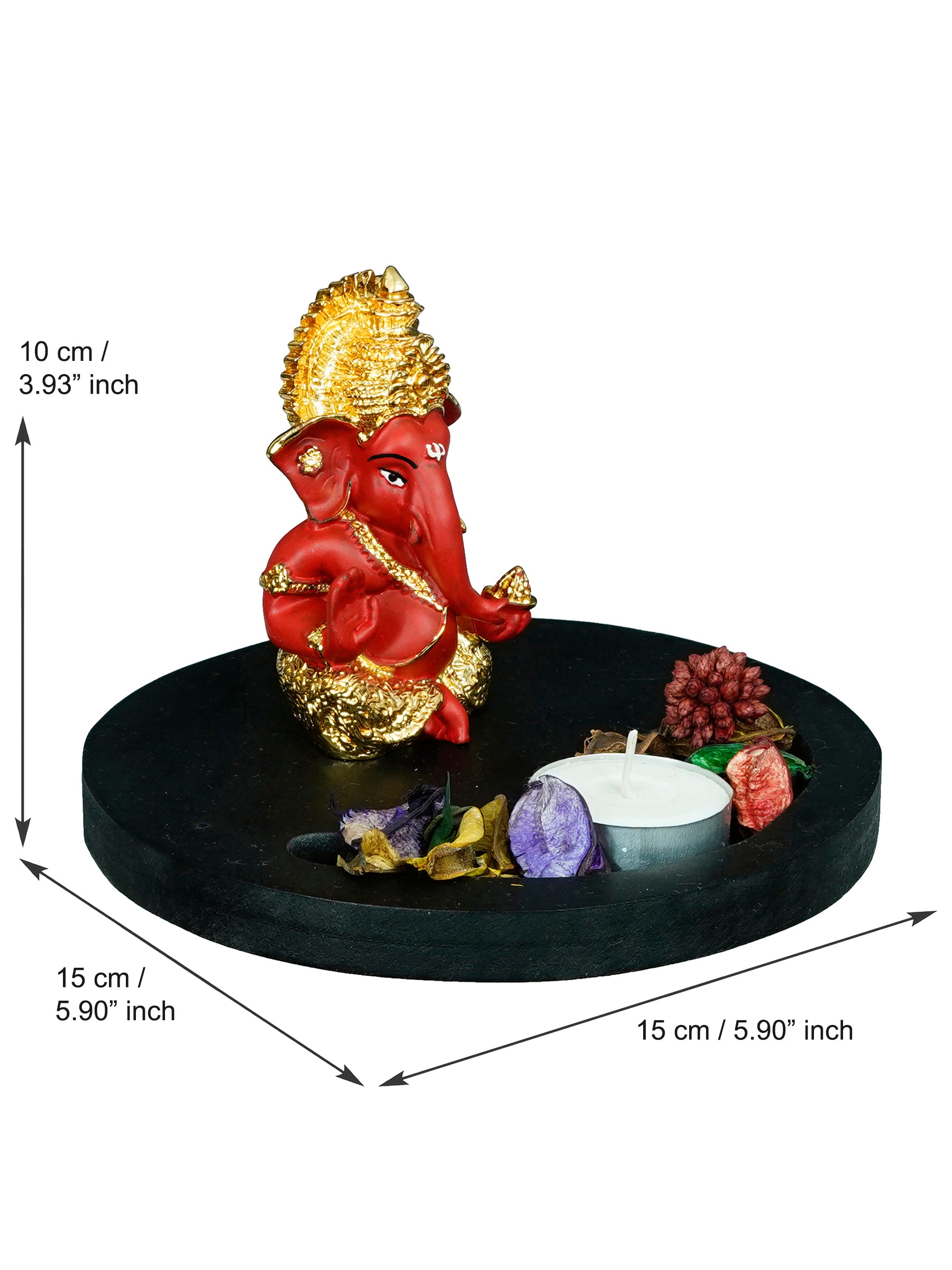 Polyresin Gold Plated Red Ganesha Idol on Wooden Base Tea Light Candle holder 3
