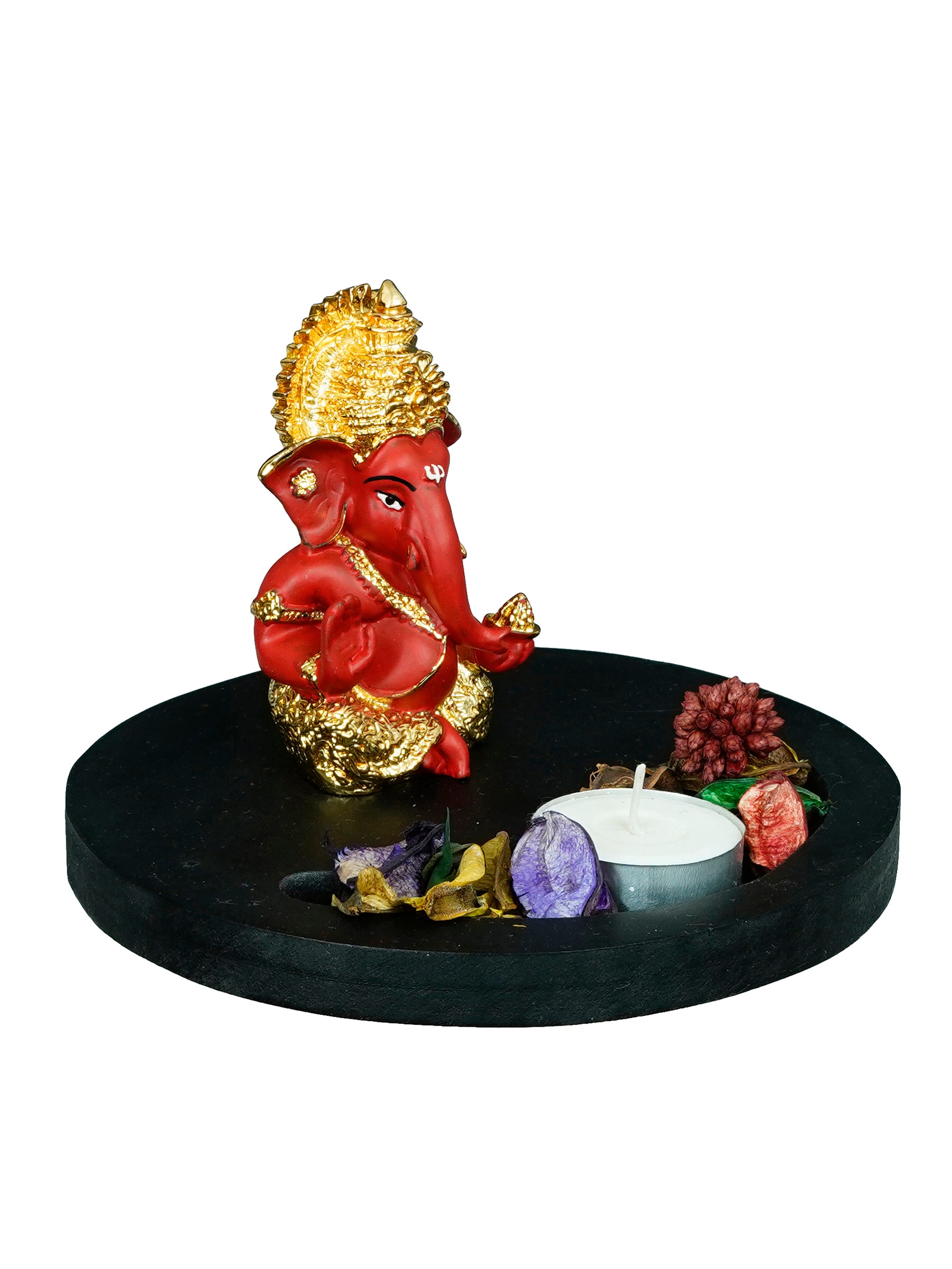 Polyresin Gold Plated Red Ganesha Idol on Wooden Base Tea Light Candle holder 4