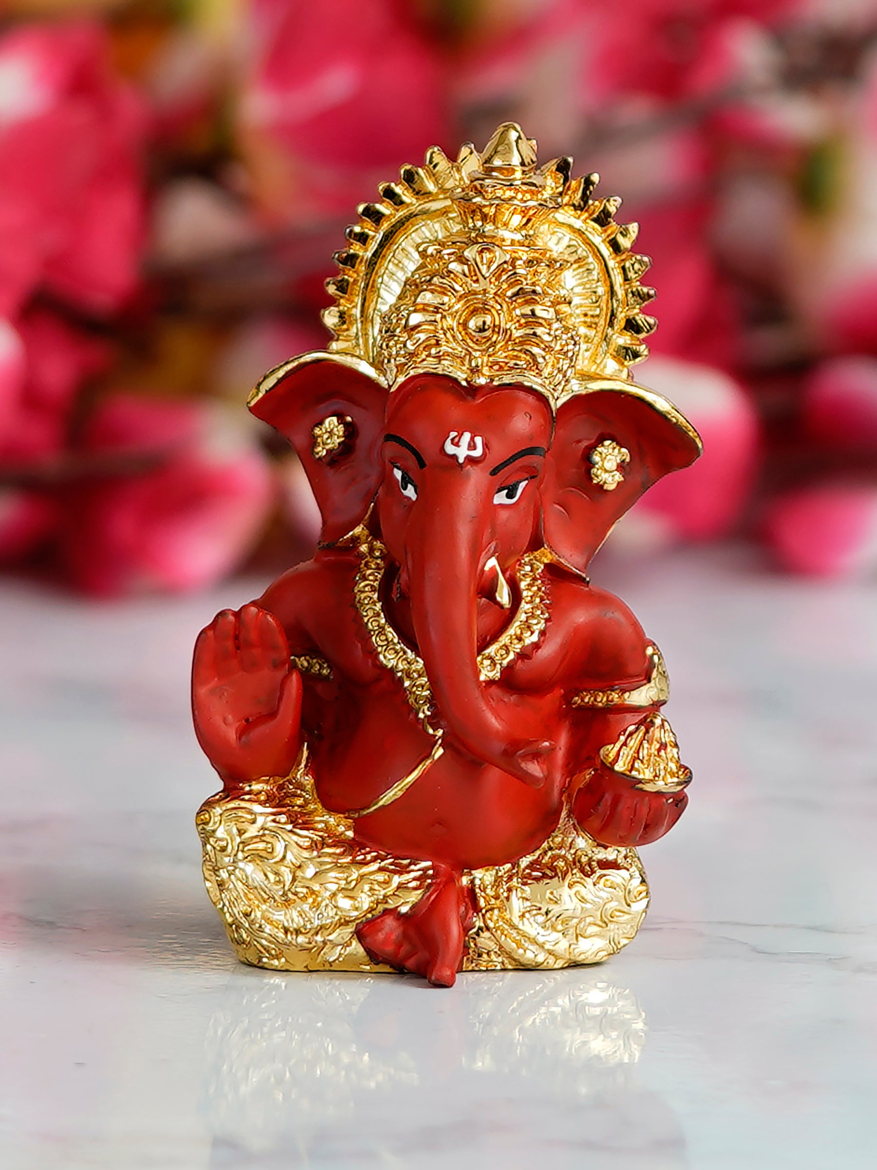 Gold Plated Red Polyresin Ganesha Idol for Home, Temple, Office and Car Dashboard 1