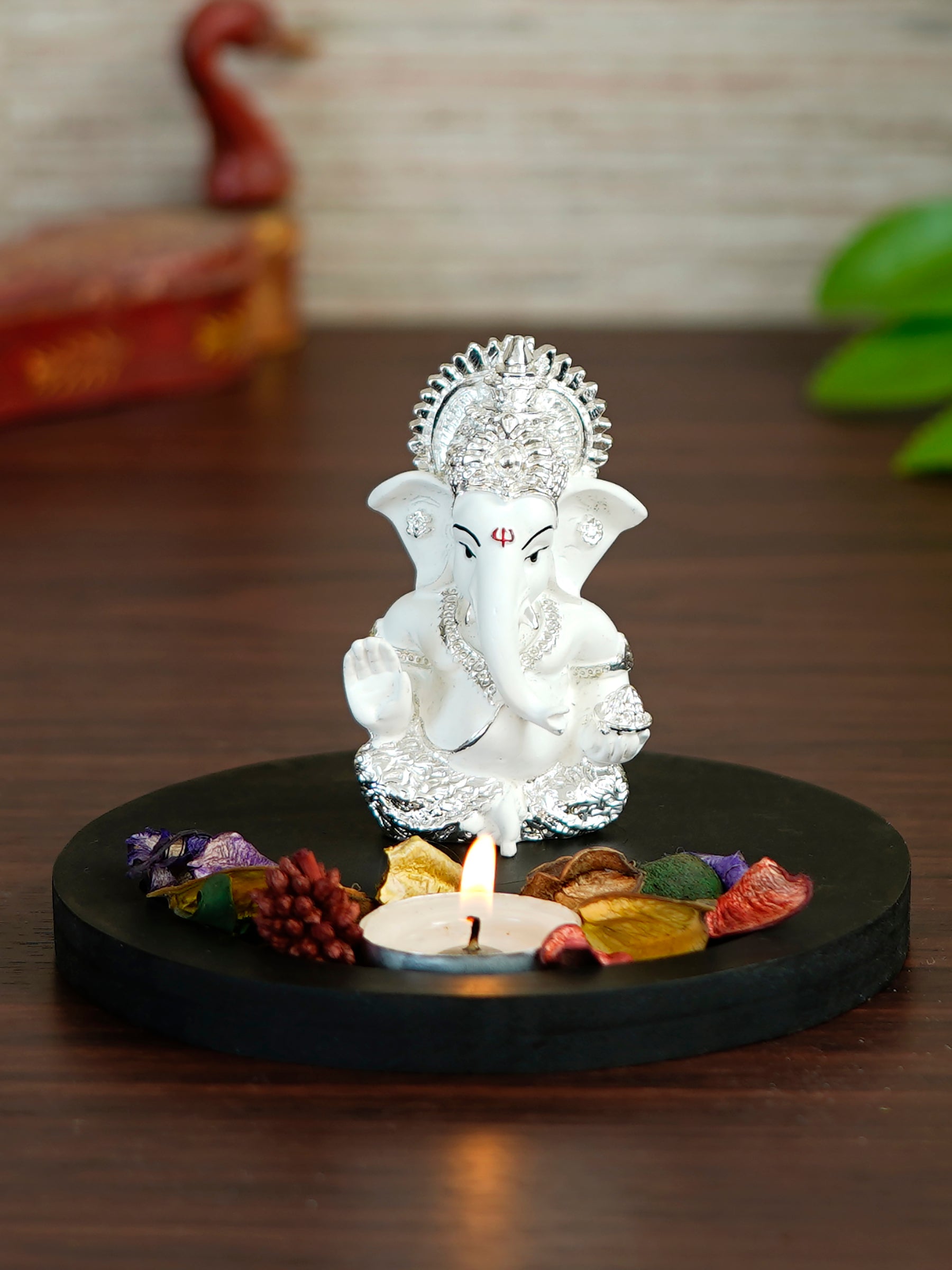 Polyresin Silver Plated White Ganesha Idol on Wooden Base Tea Light Candle holder