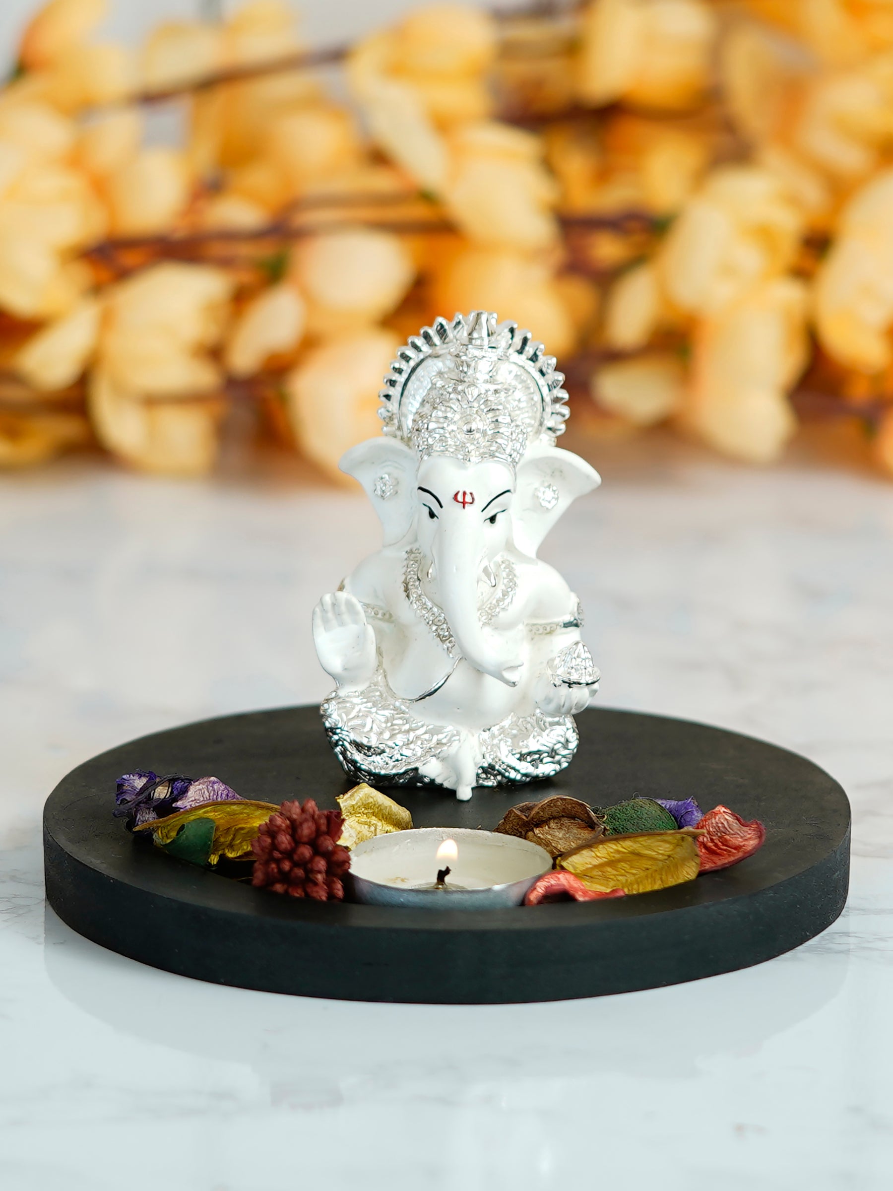 Polyresin Silver Plated White Ganesha Idol on Wooden Base Tea Light Candle holder 1