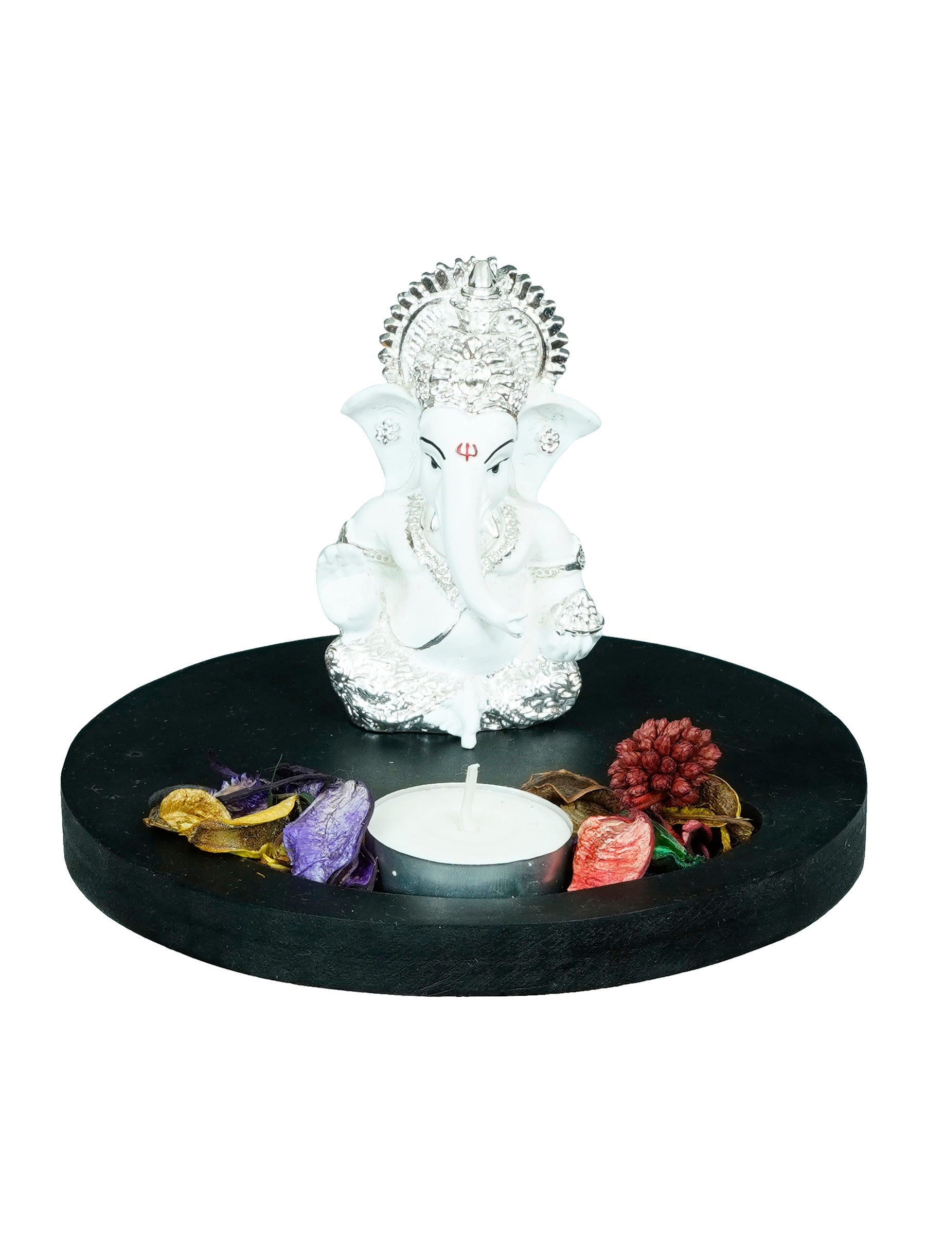 Polyresin Silver Plated White Ganesha Idol on Wooden Base Tea Light Candle holder 2