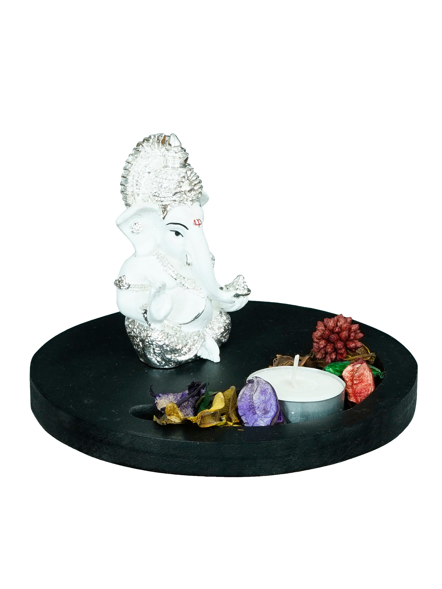 Polyresin Silver Plated White Ganesha Idol on Wooden Base Tea Light Candle holder 4