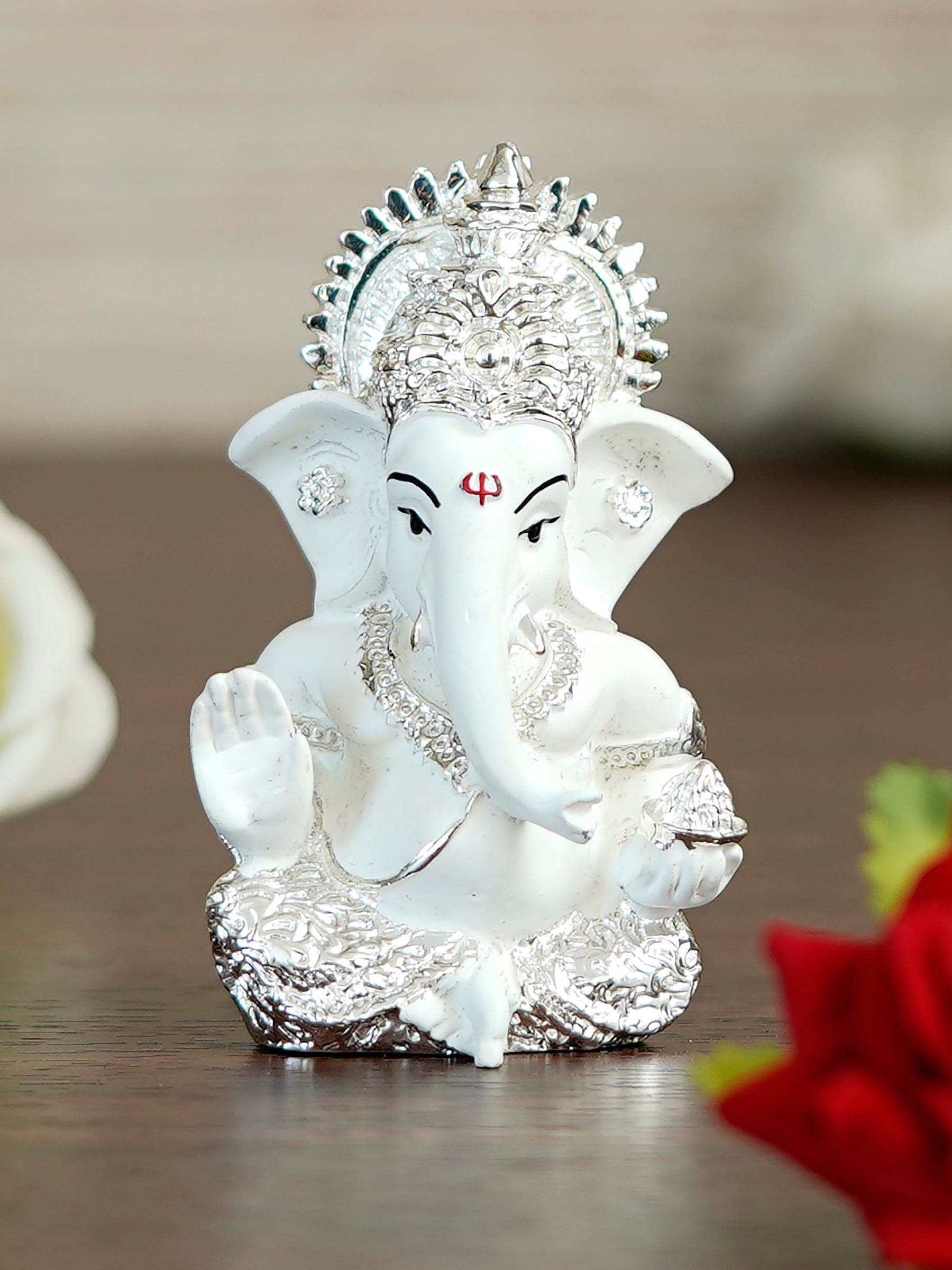 Silver Plated White Polyresin Ganesha Idol for Home, Temple, Office and Car Dashboard