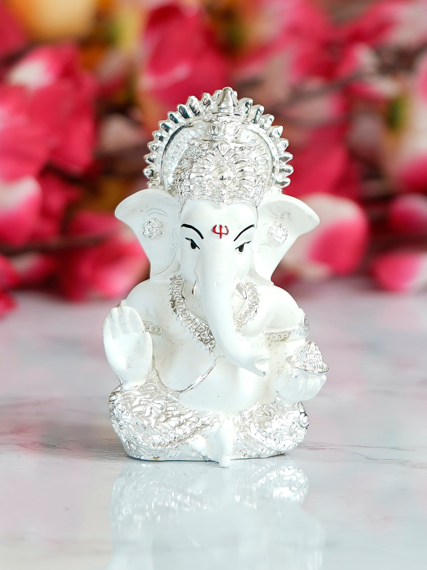 Silver Plated White Polyresin Ganesha Idol for Home, Temple, Office and Car Dashboard 1