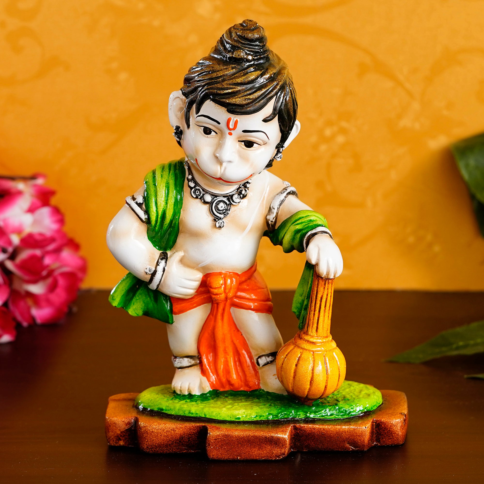 Colorful Standing Lord Hanuman Statue With Gada/Mace Handcrafted Polyresin Religious Idol