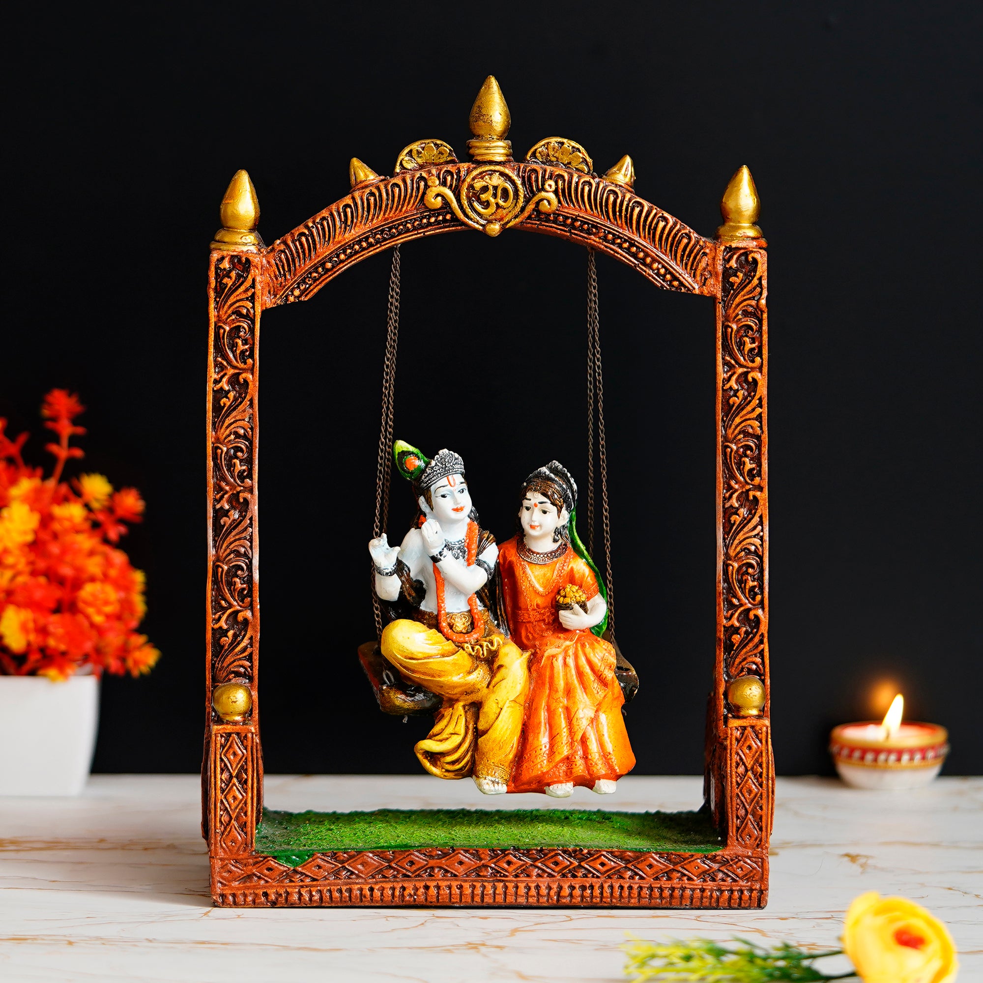 Colorful Radha Krishna on Swing Handcrafted Polyresin Figurine