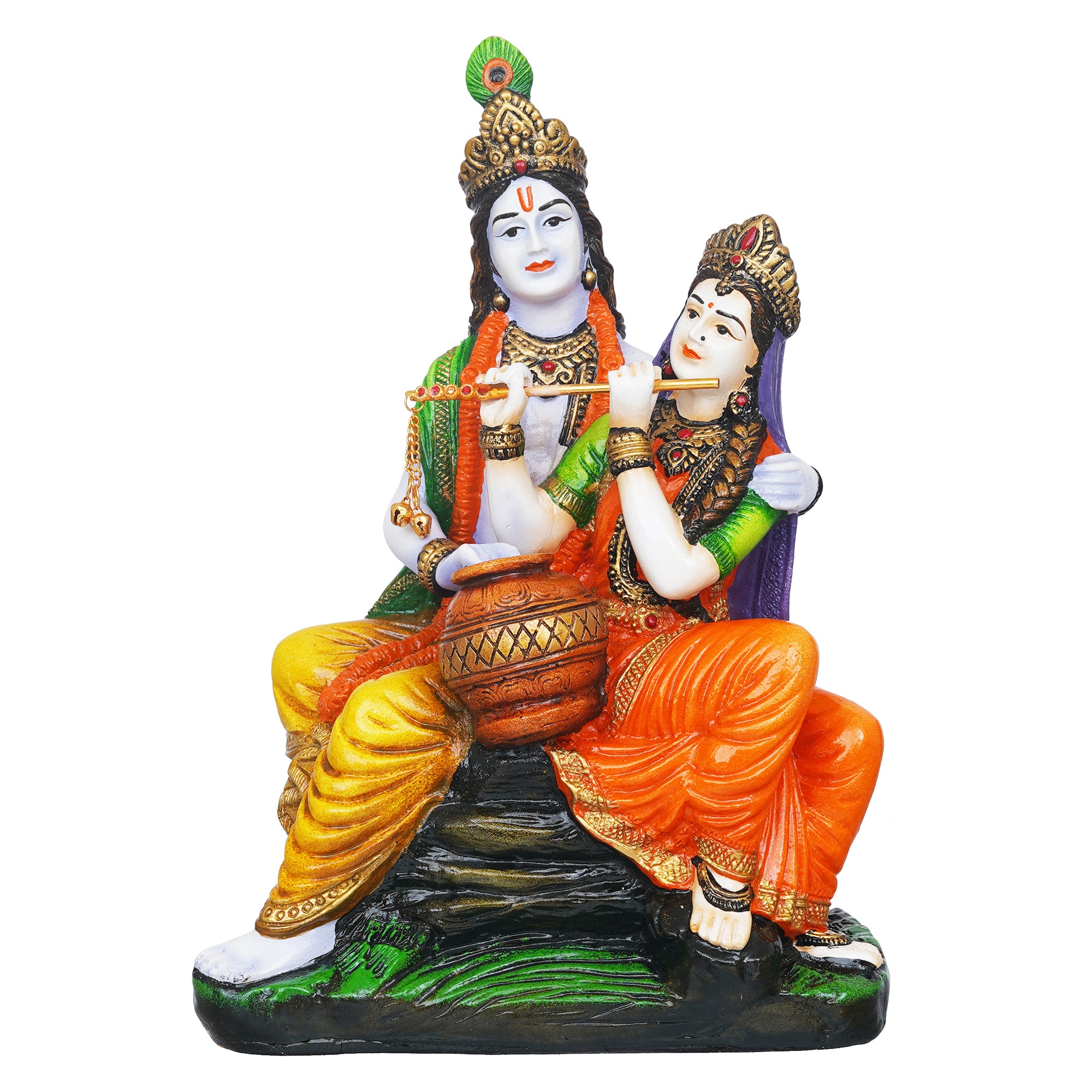 eCraftIndia Multicolor Polyresin Radha Krishna Idol Sitting on Rock Playing Flute and Holding Matki 2
