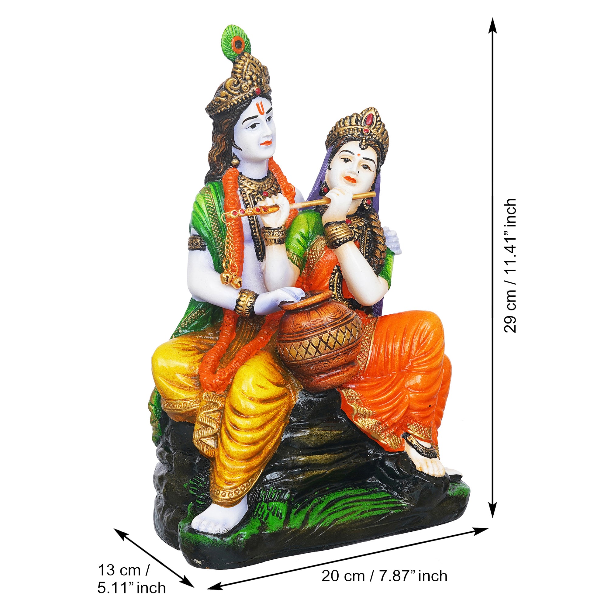 eCraftIndia Multicolor Polyresin Radha Krishna Idol Sitting on Rock Playing Flute and Holding Matki 3