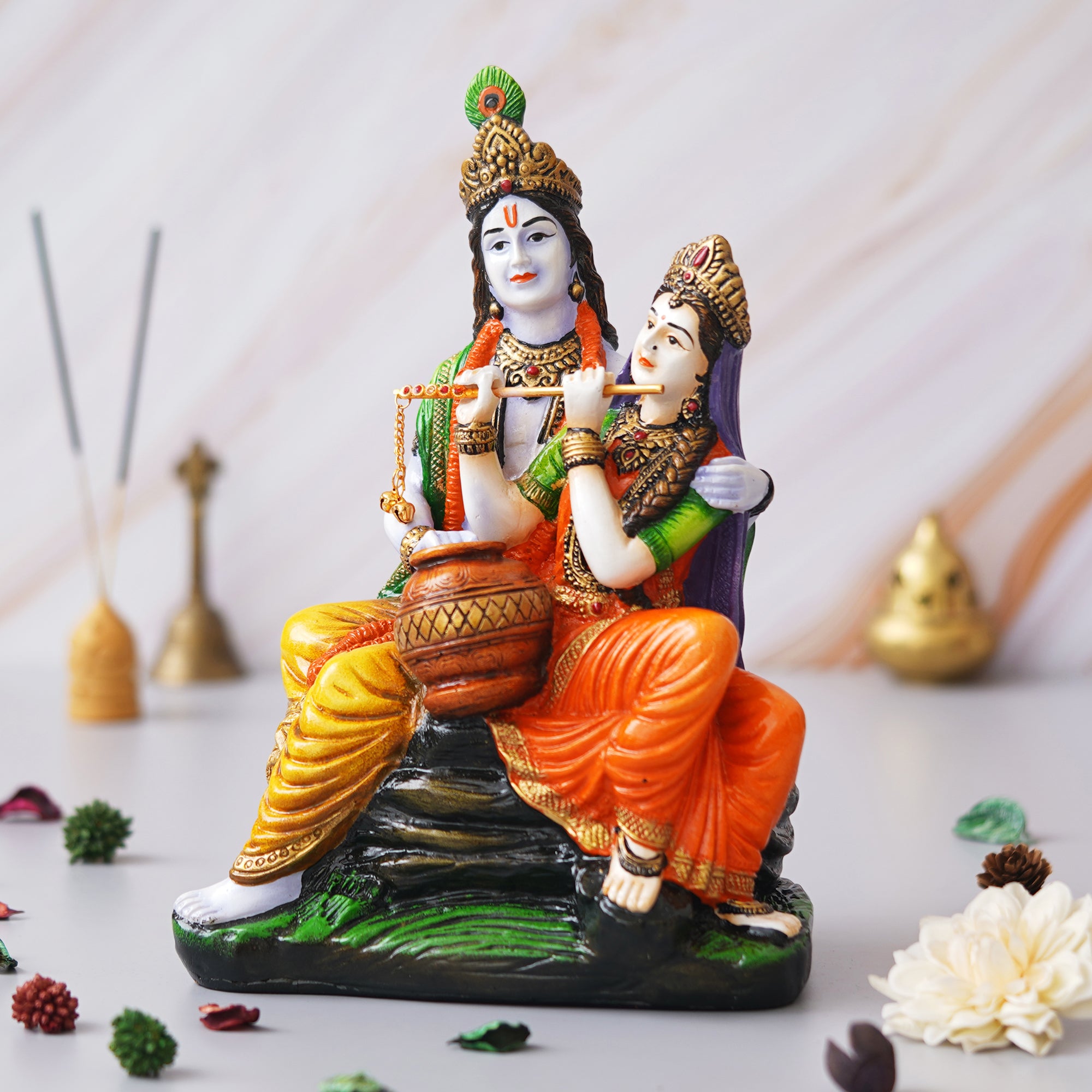 eCraftIndia Multicolor Polyresin Radha Krishna Idol Sitting on Rock Playing Flute and Holding Matki 5