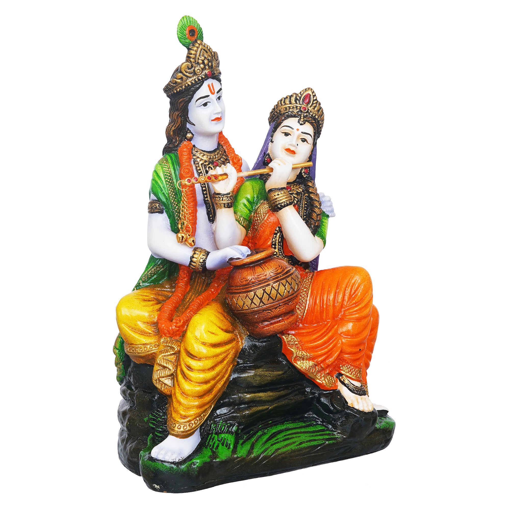 eCraftIndia Multicolor Polyresin Radha Krishna Idol Sitting on Rock Playing Flute and Holding Matki 6
