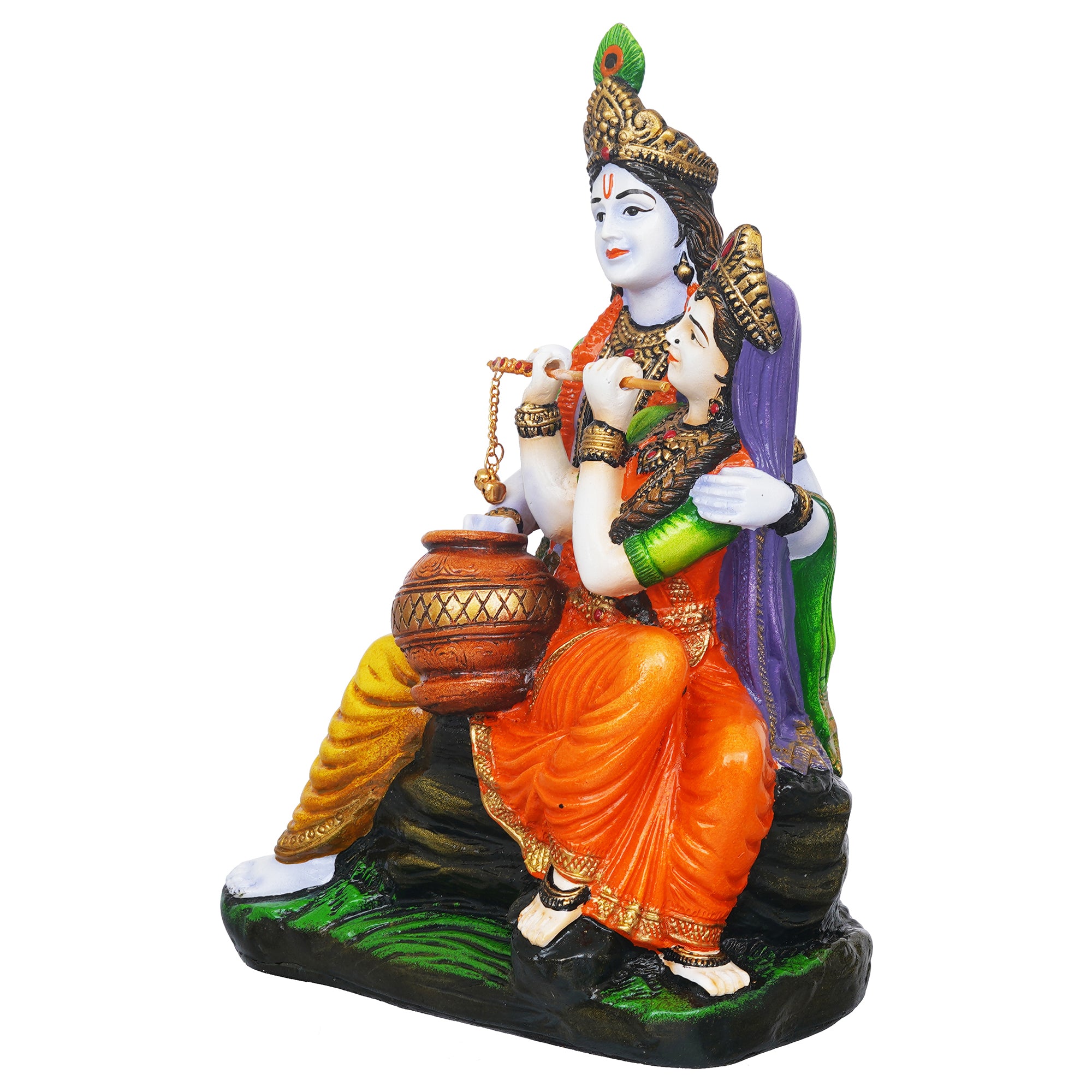eCraftIndia Multicolor Polyresin Radha Krishna Idol Sitting on Rock Playing Flute and Holding Matki 7