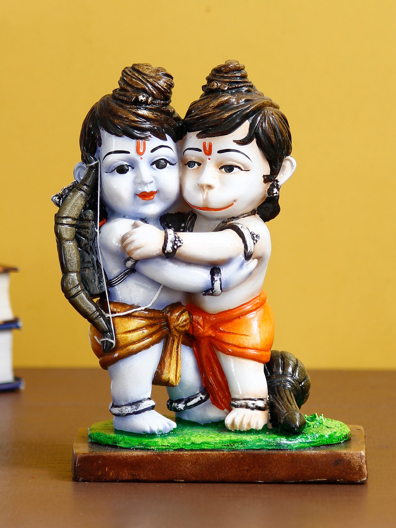 Handcrafted Polyresin Lord Ram Hugging Lord Hanuman Idol (Orange, Green and White)
