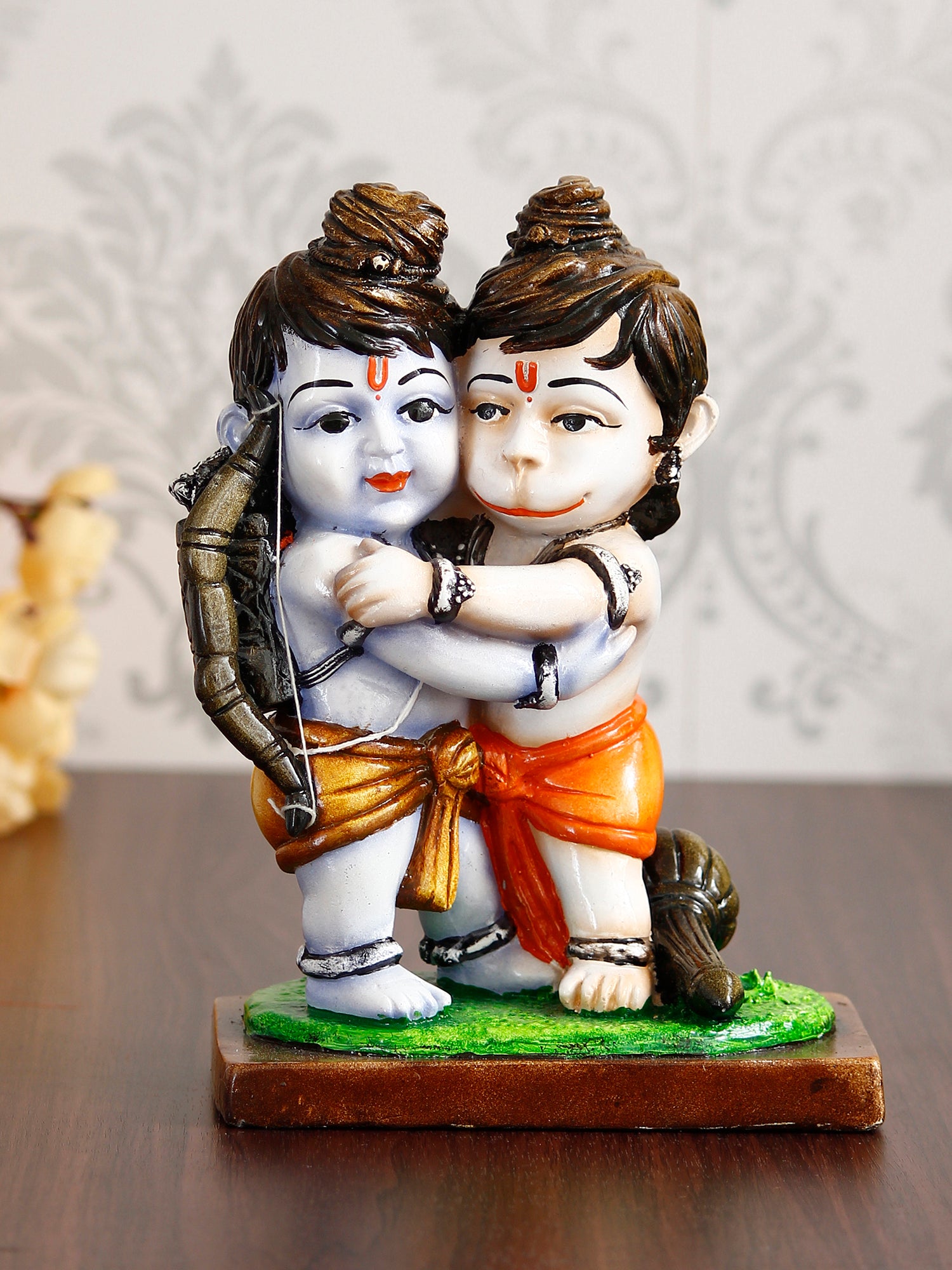 Handcrafted Polyresin Lord Ram Hugging Lord Hanuman Idol (Orange, Green and White) 1