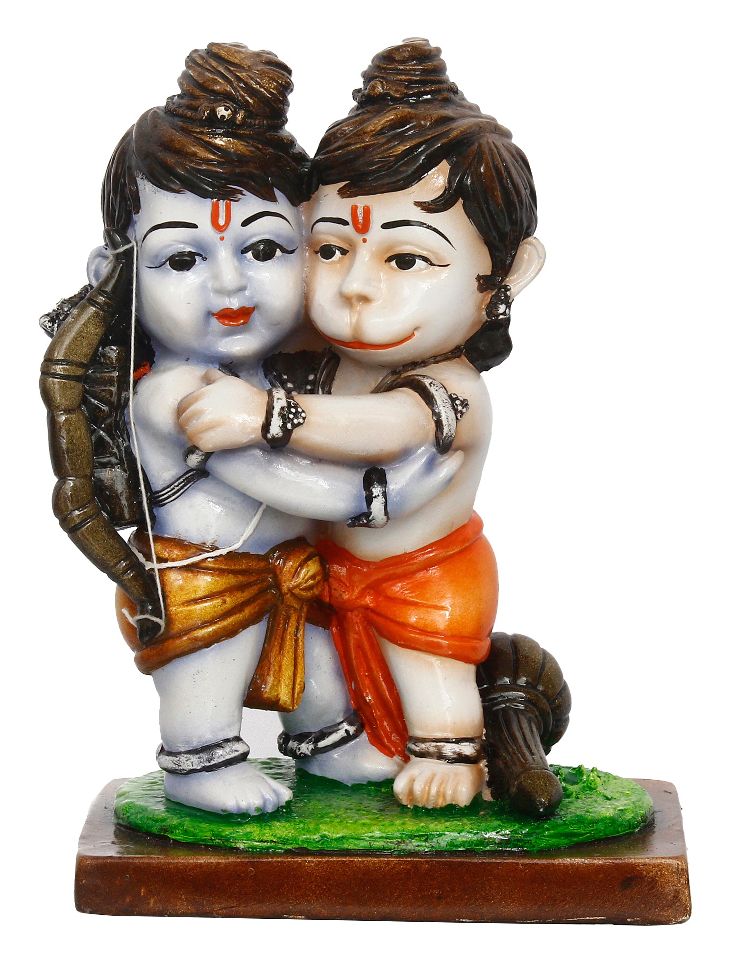 Handcrafted Polyresin Lord Ram Hugging Lord Hanuman Idol (Orange, Green and White) 2