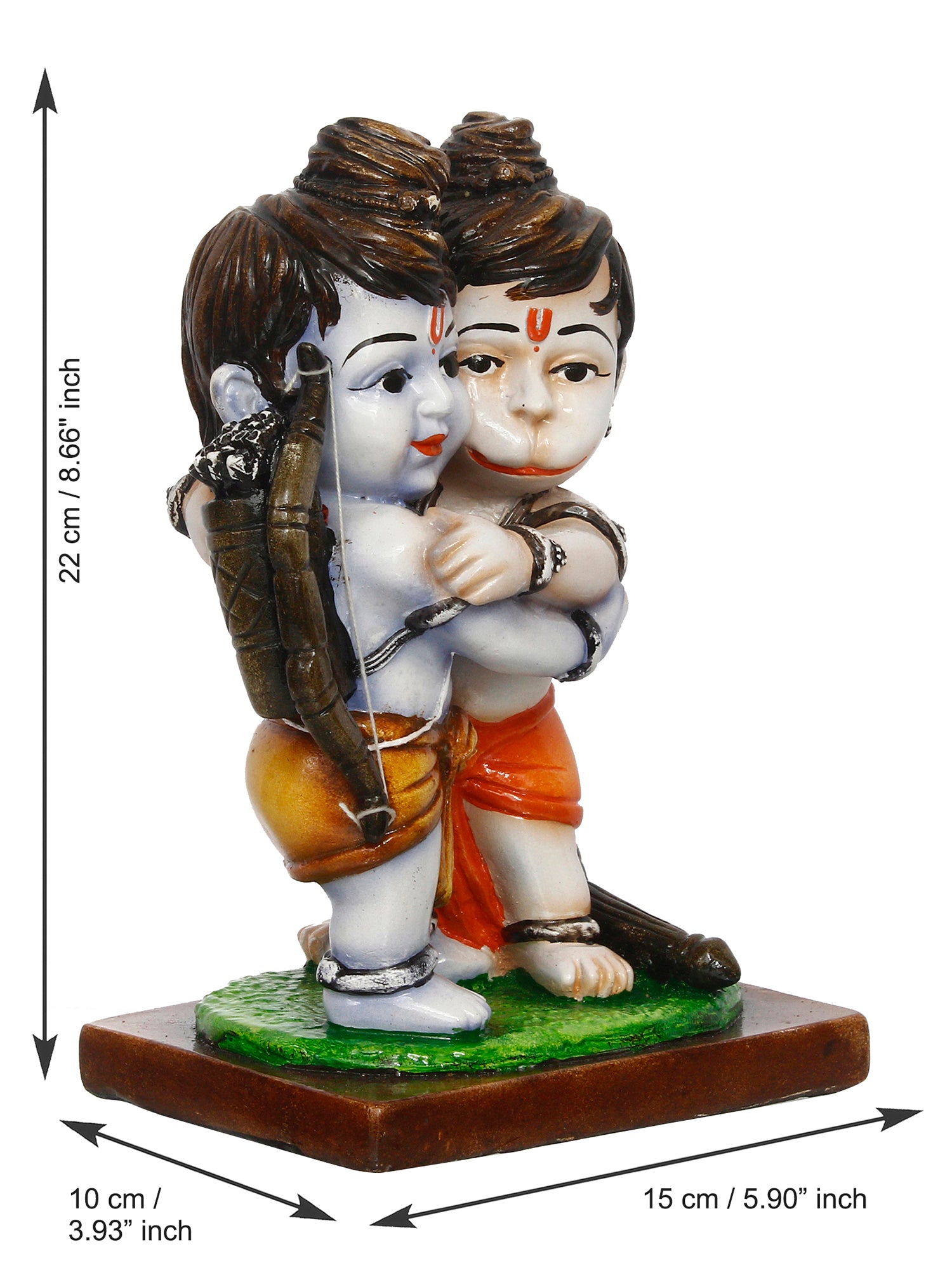 Handcrafted Polyresin Lord Ram Hugging Lord Hanuman Idol (Orange, Green and White) 3
