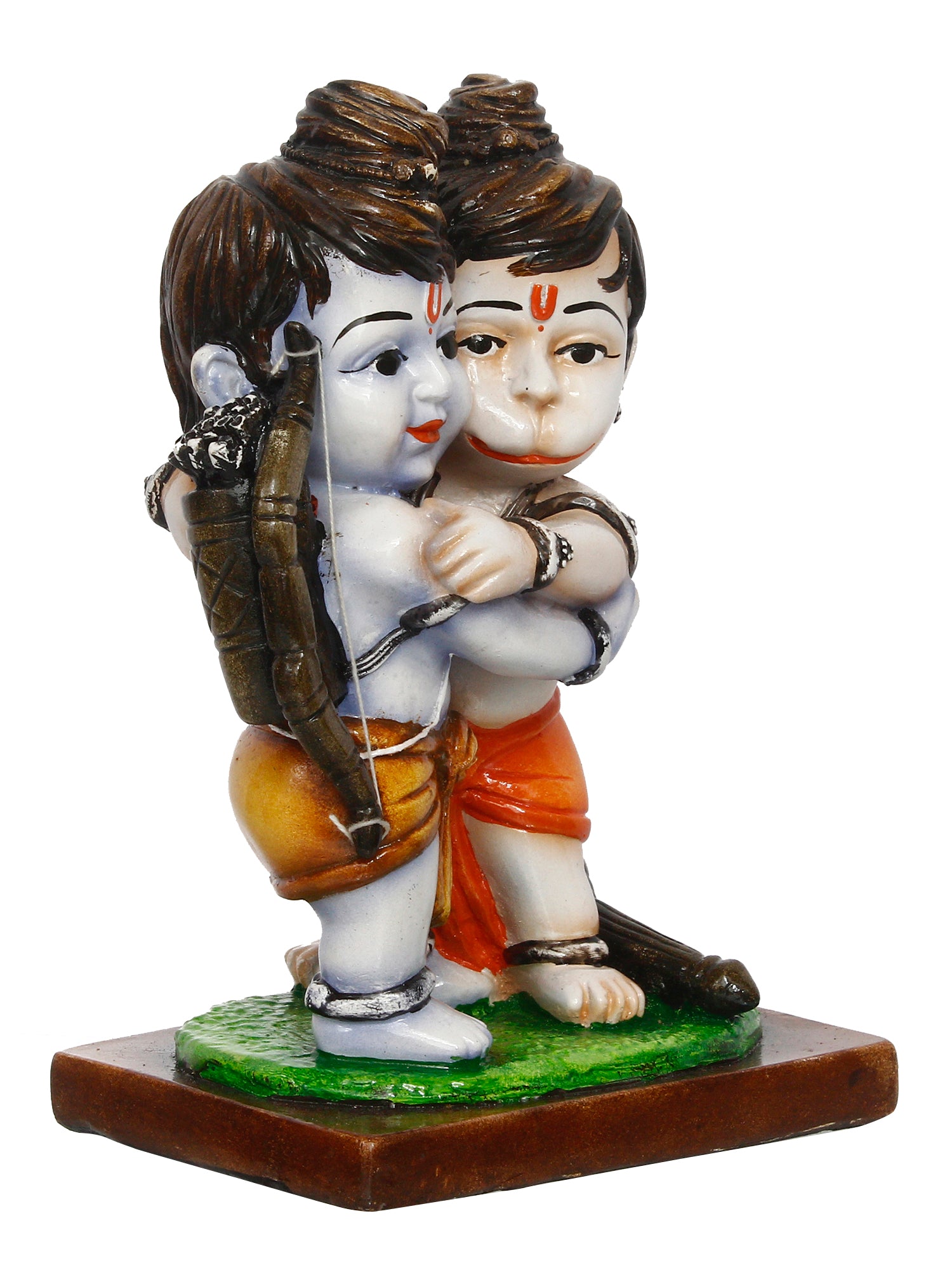 Handcrafted Polyresin Lord Ram Hugging Lord Hanuman Idol (Orange, Green and White) 4