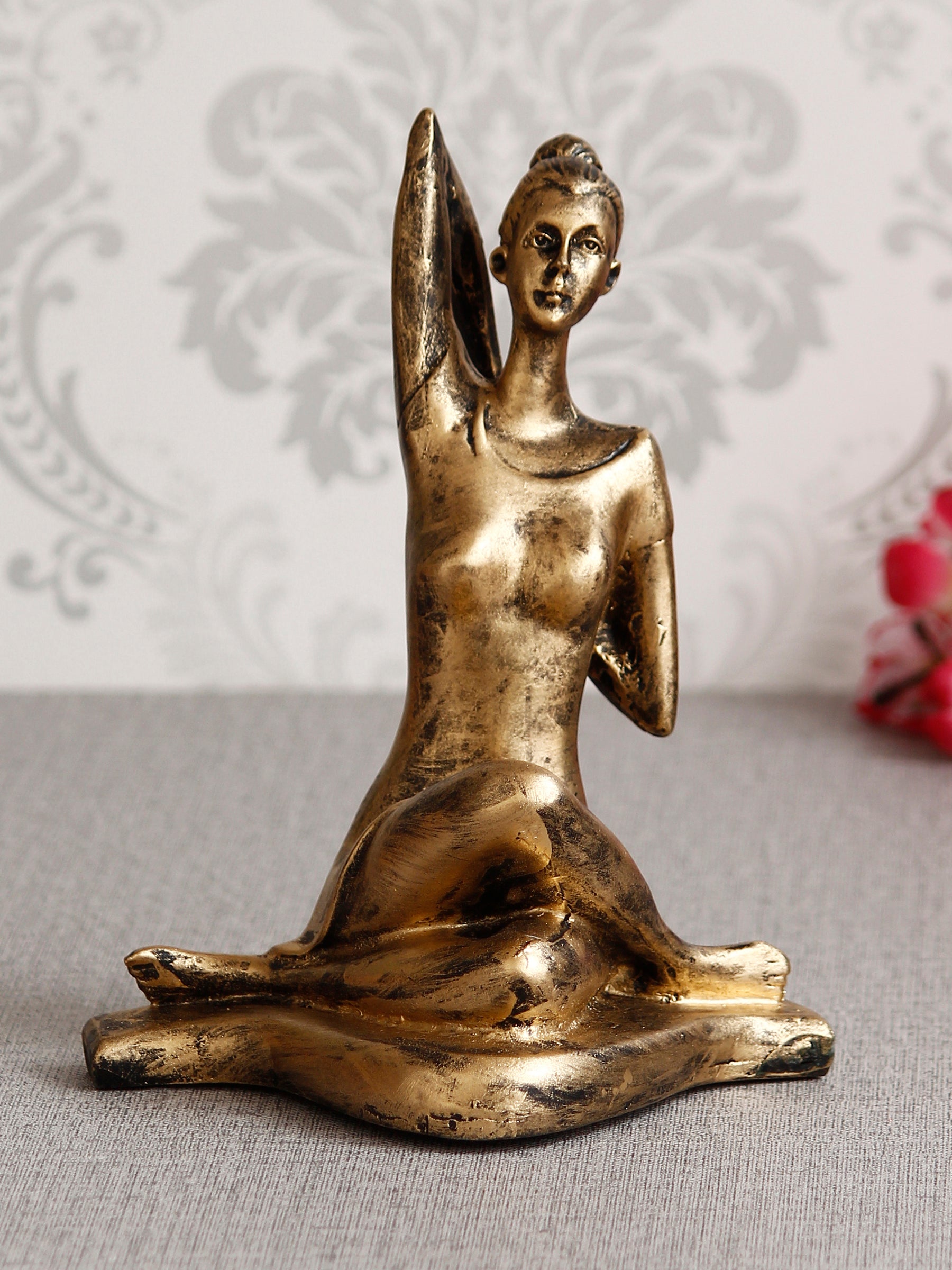 Golden Polyresin Lady in Gomukhasana or Cow Face Yoga Position Antique Look Handcrafted Decorative Showpiece