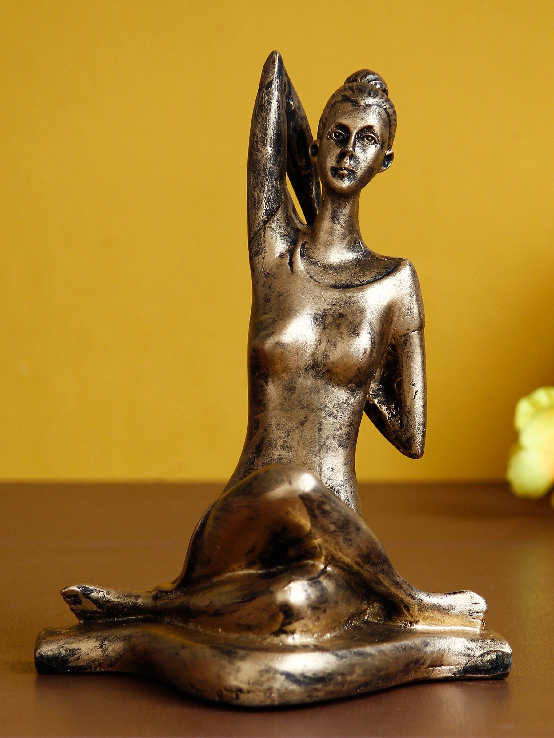Golden Polyresin Lady in Gomukhasana or Cow Face Yoga Position Antique Look Handcrafted Decorative Showpiece 1