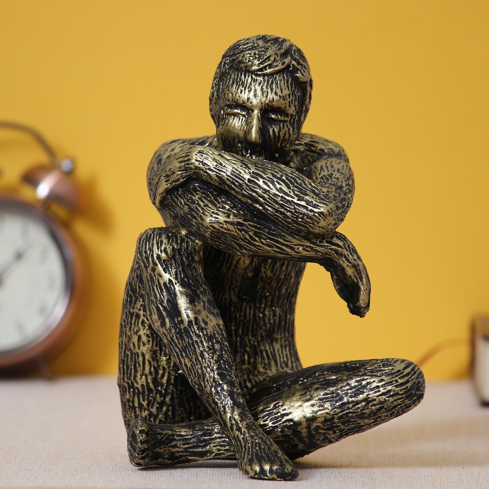 Golden and Black Polyresin Man Figurine Sitting in Thinking Position 6