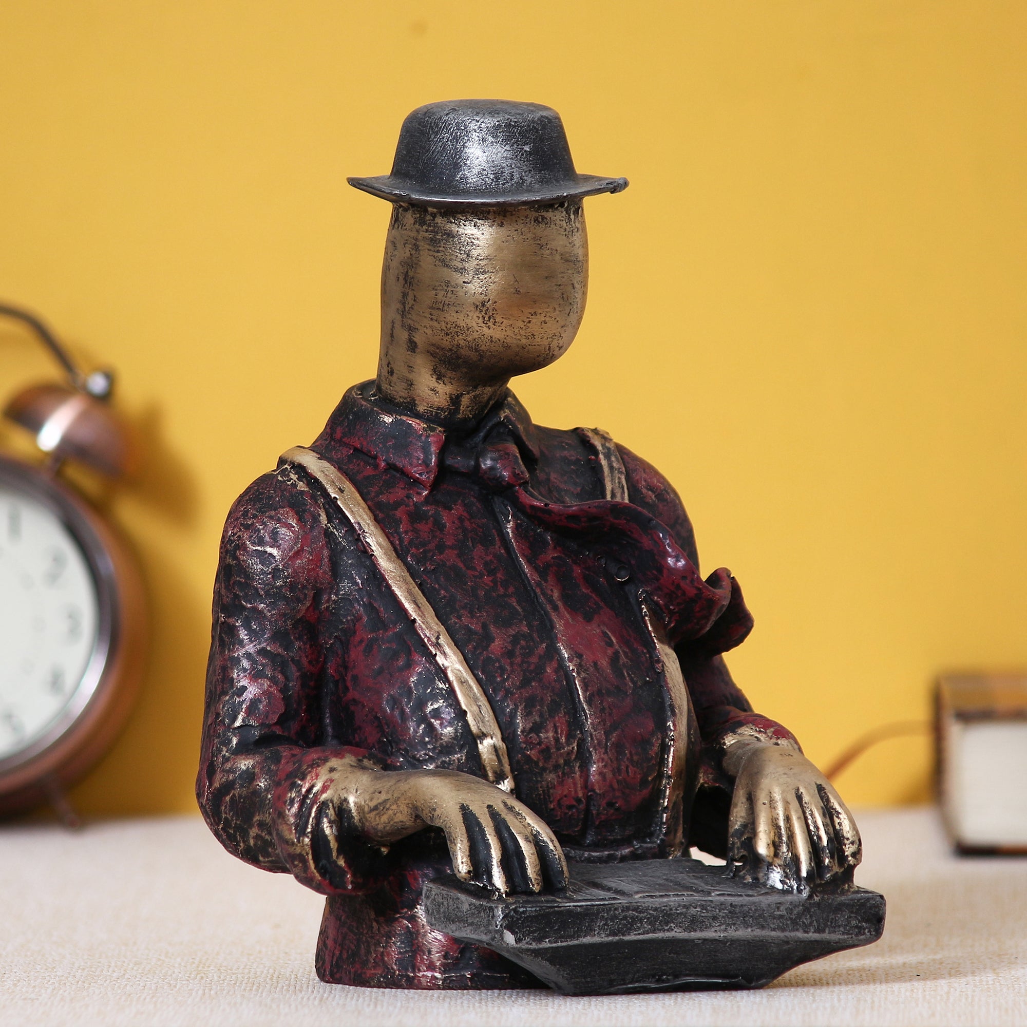 Designer Handcrafted Stone Pearl Rakhi with Man with Hat playing Piano Decorative Statue and Roli Chawal Pack, Best Wishes Greeting Card 2