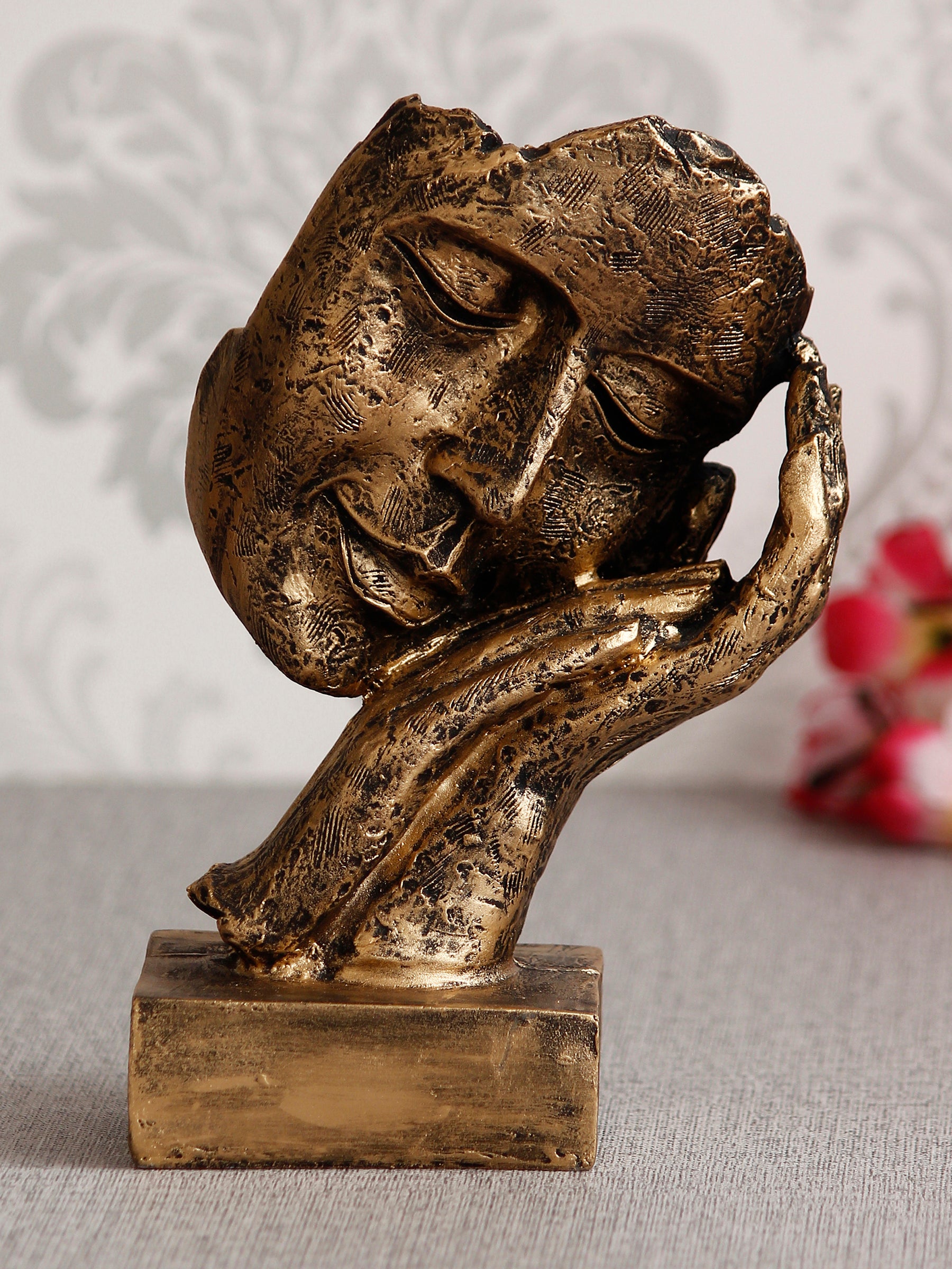 Polyresin Golden Human Face Statue Sleeping on Hands Handcrafted Decorative Showpiece