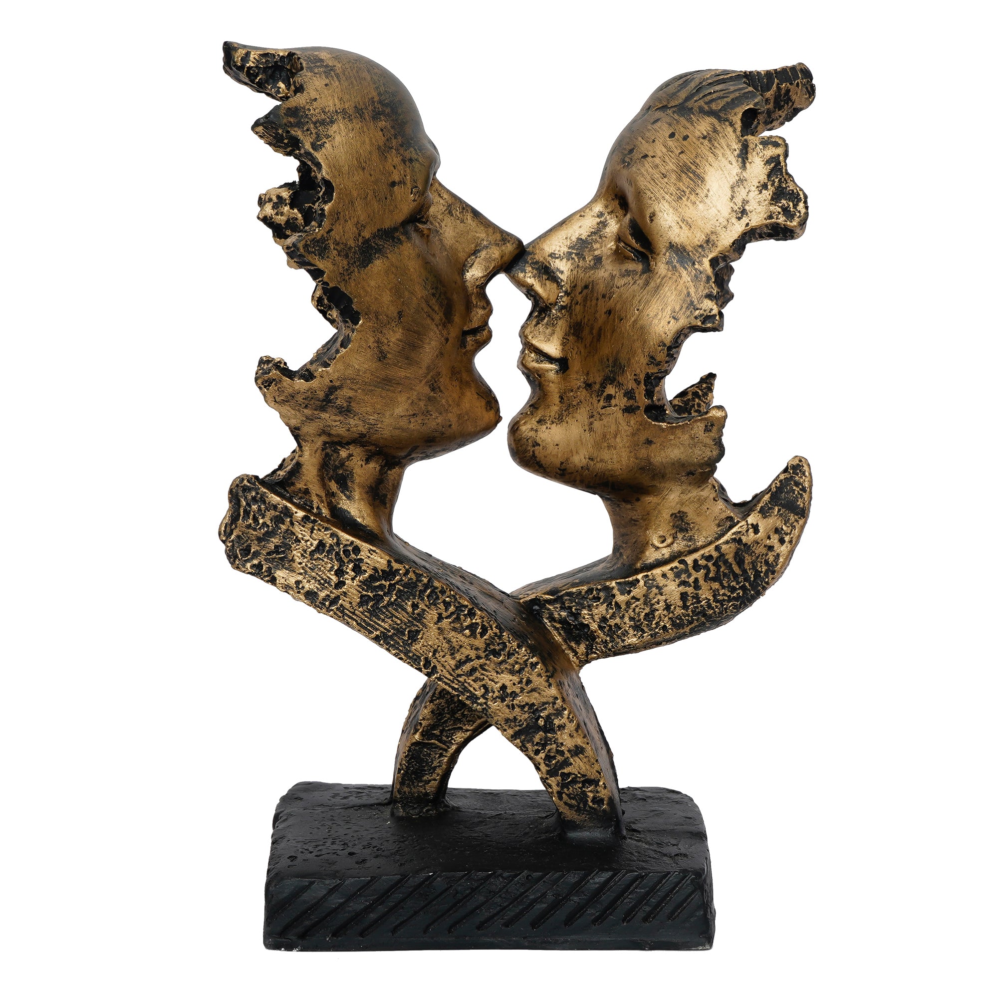 Golden Polyresin Antique Finish Half Face Woman and Man Kissing Each Other Handcrafted Decorative Couple Showpiece 2