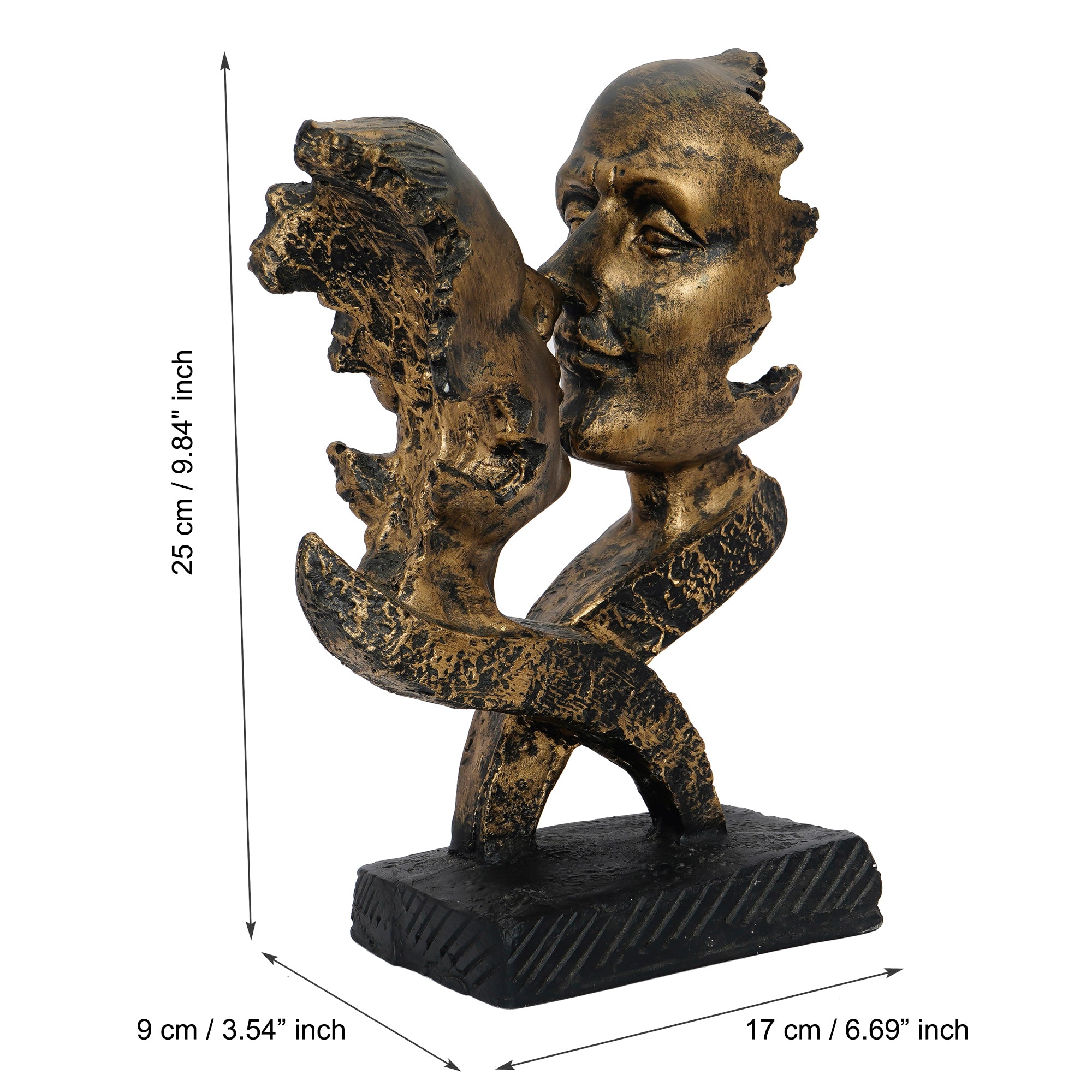 Golden Polyresin Antique Finish Half Face Woman and Man Kissing Each Other Handcrafted Decorative Couple Showpiece 3