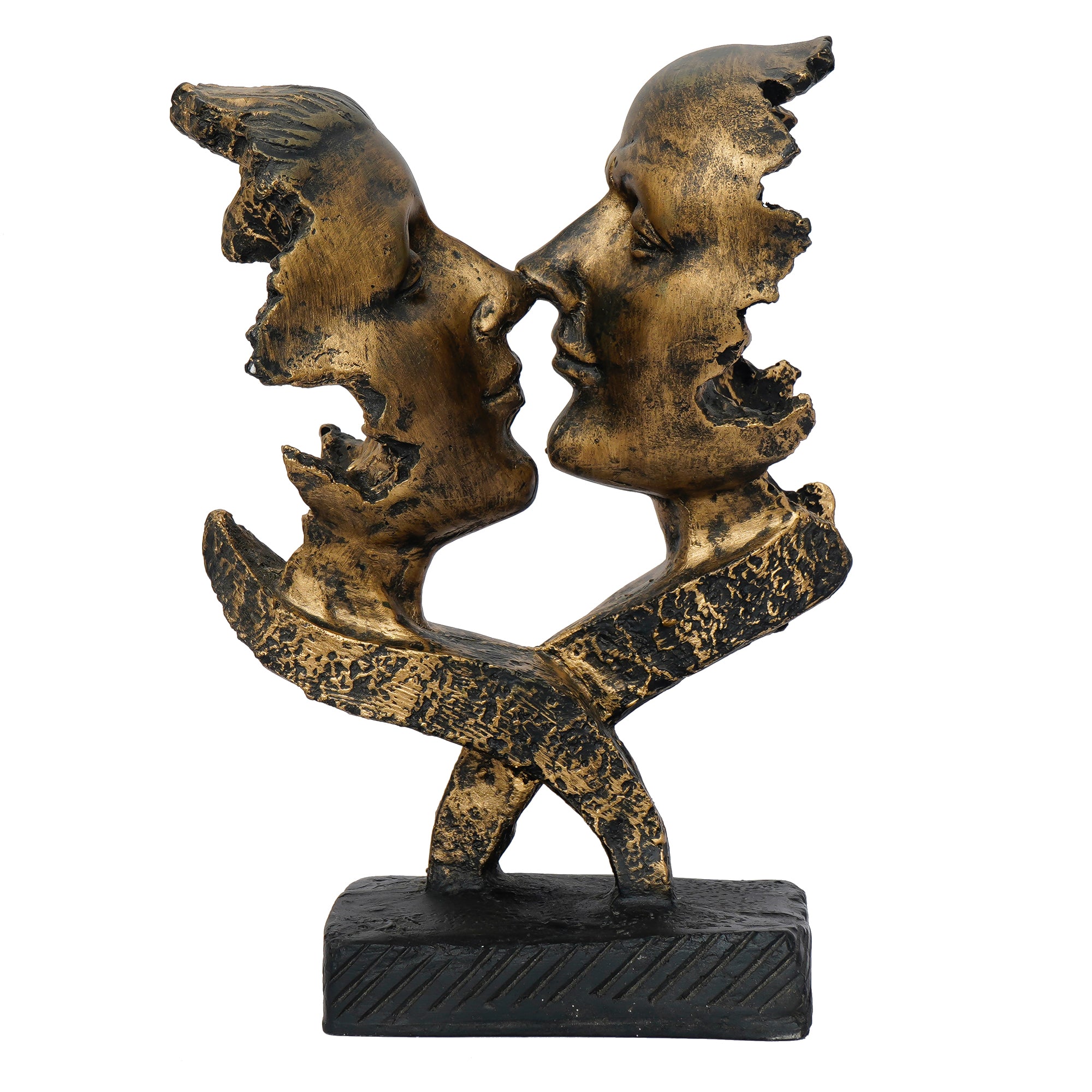 Golden Polyresin Antique Finish Half Face Woman and Man Kissing Each Other Handcrafted Decorative Couple Showpiece 4