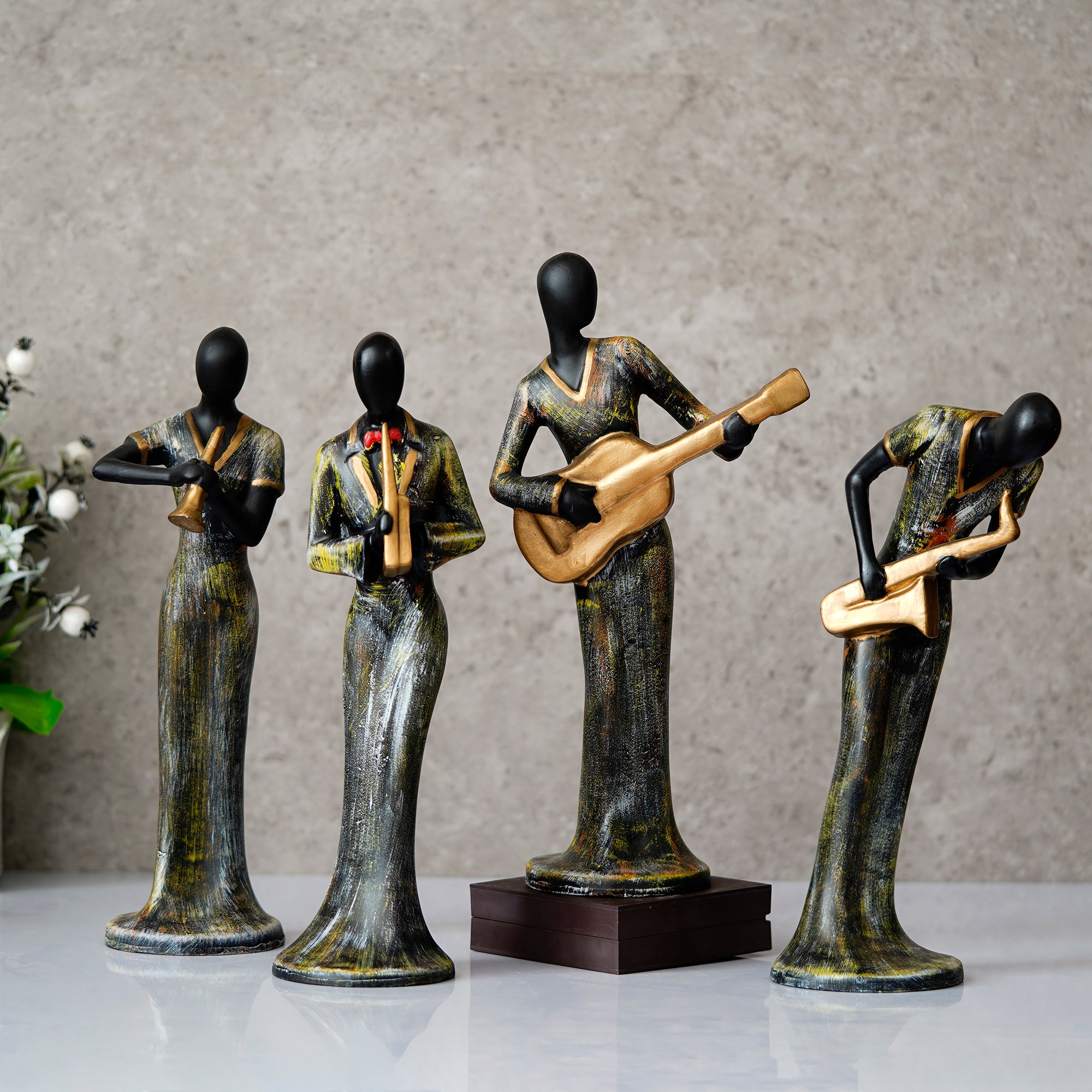 Grey and Black Polyresin Set of 4 Ladies figurines Playing Clarinet, Guitar, Wind, Saxophone Musical Instrument Handcrafted Decorative Showpiece 1