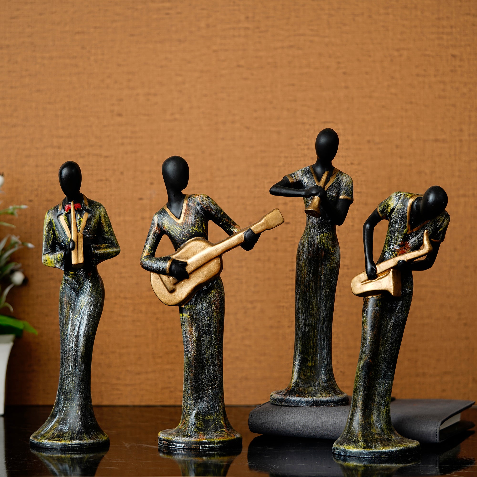 Grey and Black Polyresin Set of 4 Ladies figurines Playing Clarinet, Guitar, Wind, Saxophone Musical Instrument Handcrafted Decorative Showpiece
