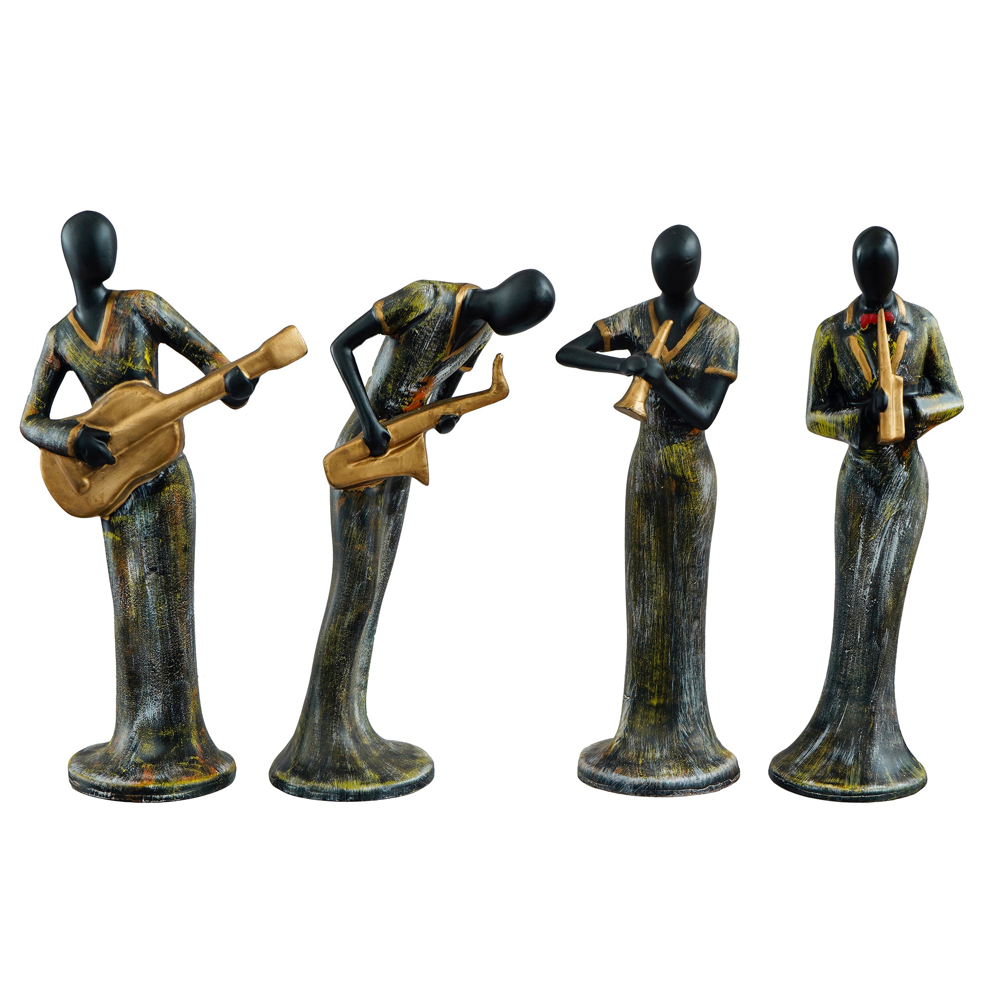 Grey and Black Polyresin Set of 4 Ladies figurines Playing Clarinet, Guitar, Wind, Saxophone Musical Instrument Handcrafted Decorative Showpiece 2