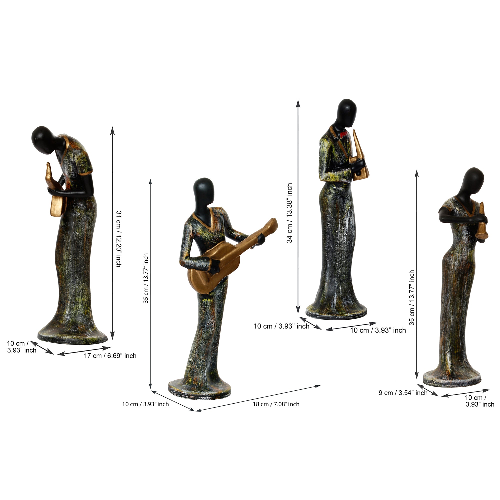 Grey and Black Polyresin Set of 4 Ladies figurines Playing Clarinet, Guitar, Wind, Saxophone Musical Instrument Handcrafted Decorative Showpiece 3