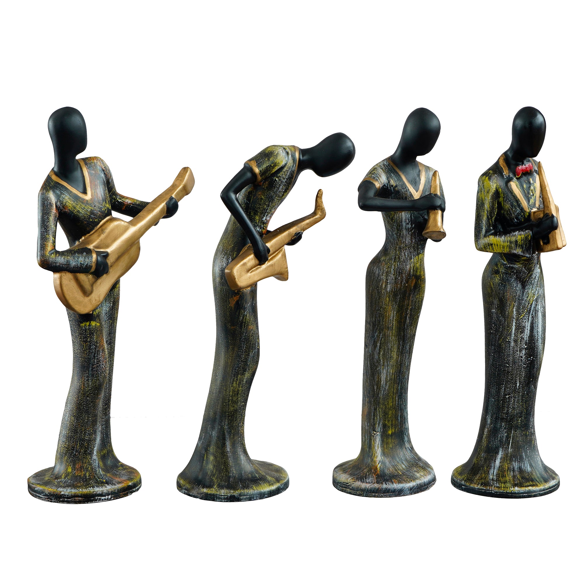 Grey and Black Polyresin Set of 4 Ladies figurines Playing Clarinet, Guitar, Wind, Saxophone Musical Instrument Handcrafted Decorative Showpiece 4