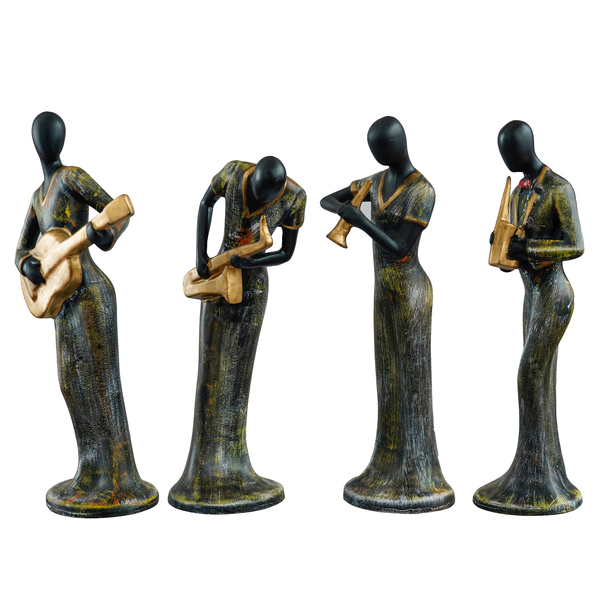 Grey and Black Polyresin Set of 4 Ladies figurines Playing Clarinet, Guitar, Wind, Saxophone Musical Instrument Handcrafted Decorative Showpiece 5