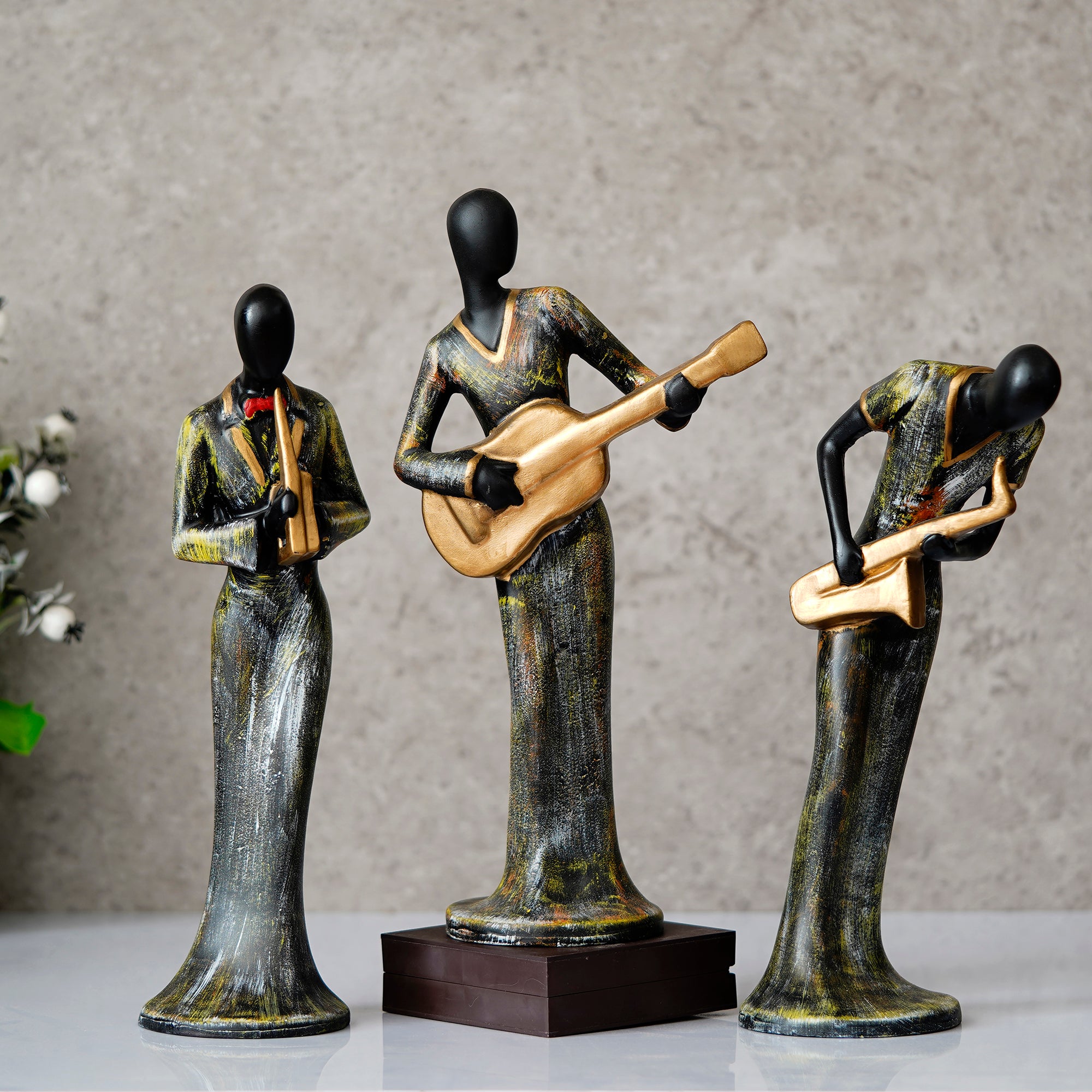 Grey and Black Polyresin Set of 3 Ladies figurines Playing Wind, Guitar,Saxophone Musical Instrument Handcrafted Decorative Showpiece 1