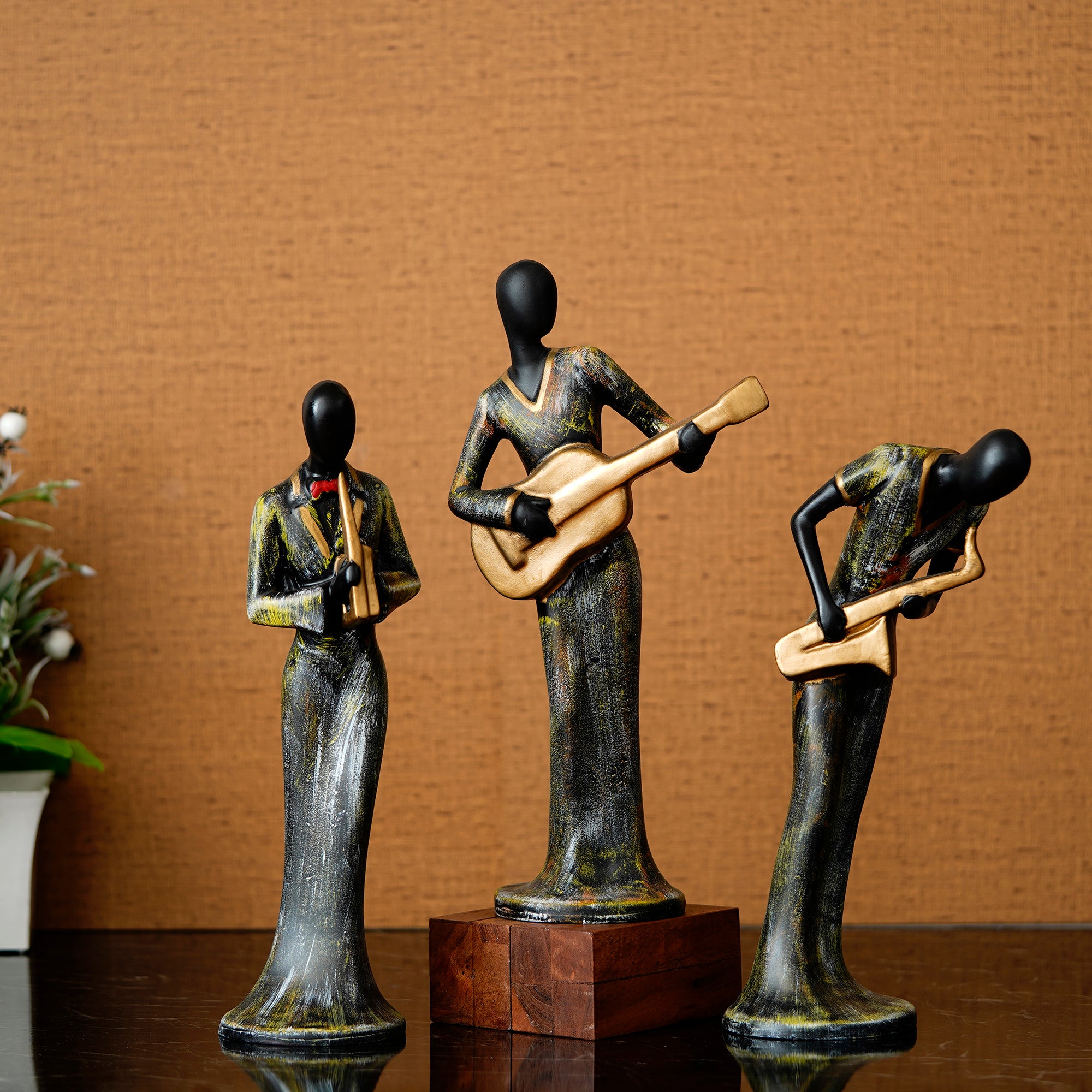Grey and Black Polyresin Set of 3 Ladies figurines Playing Wind, Guitar,Saxophone Musical Instrument Handcrafted Decorative Showpiece