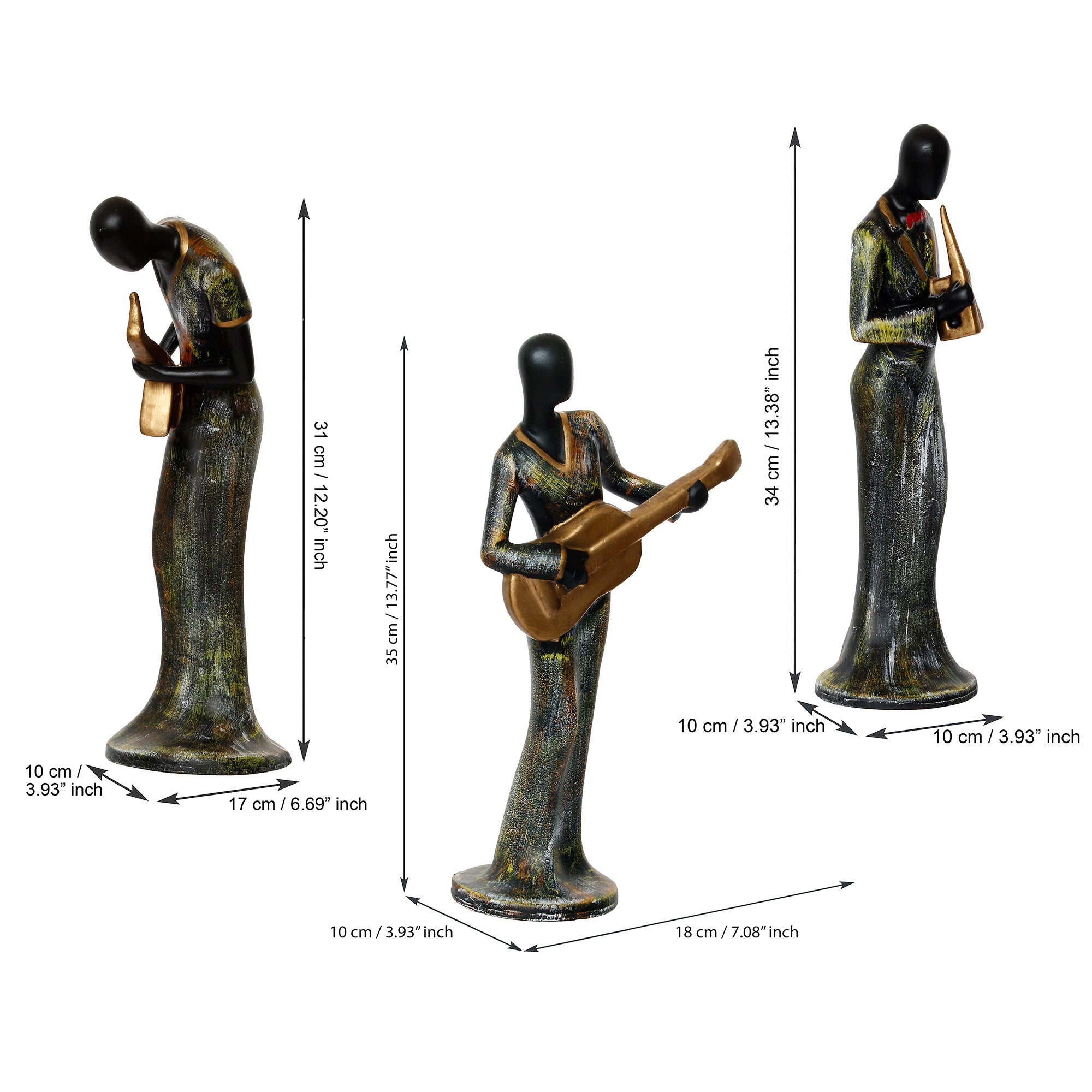 Grey and Black Polyresin Set of 3 Ladies figurines Playing Wind, Guitar,Saxophone Musical Instrument Handcrafted Decorative Showpiece 3