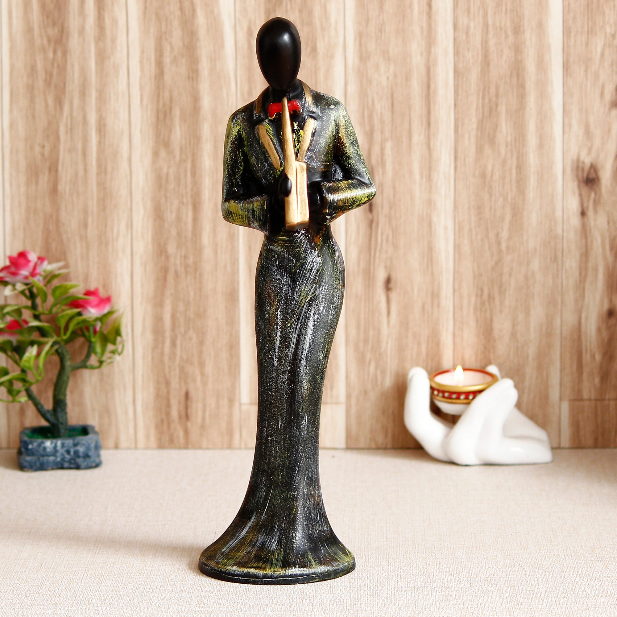 Grey and Black Polyresin Lady figurine Playing Wind Musical Instrument Handcrafted Decorative Showpiece 1