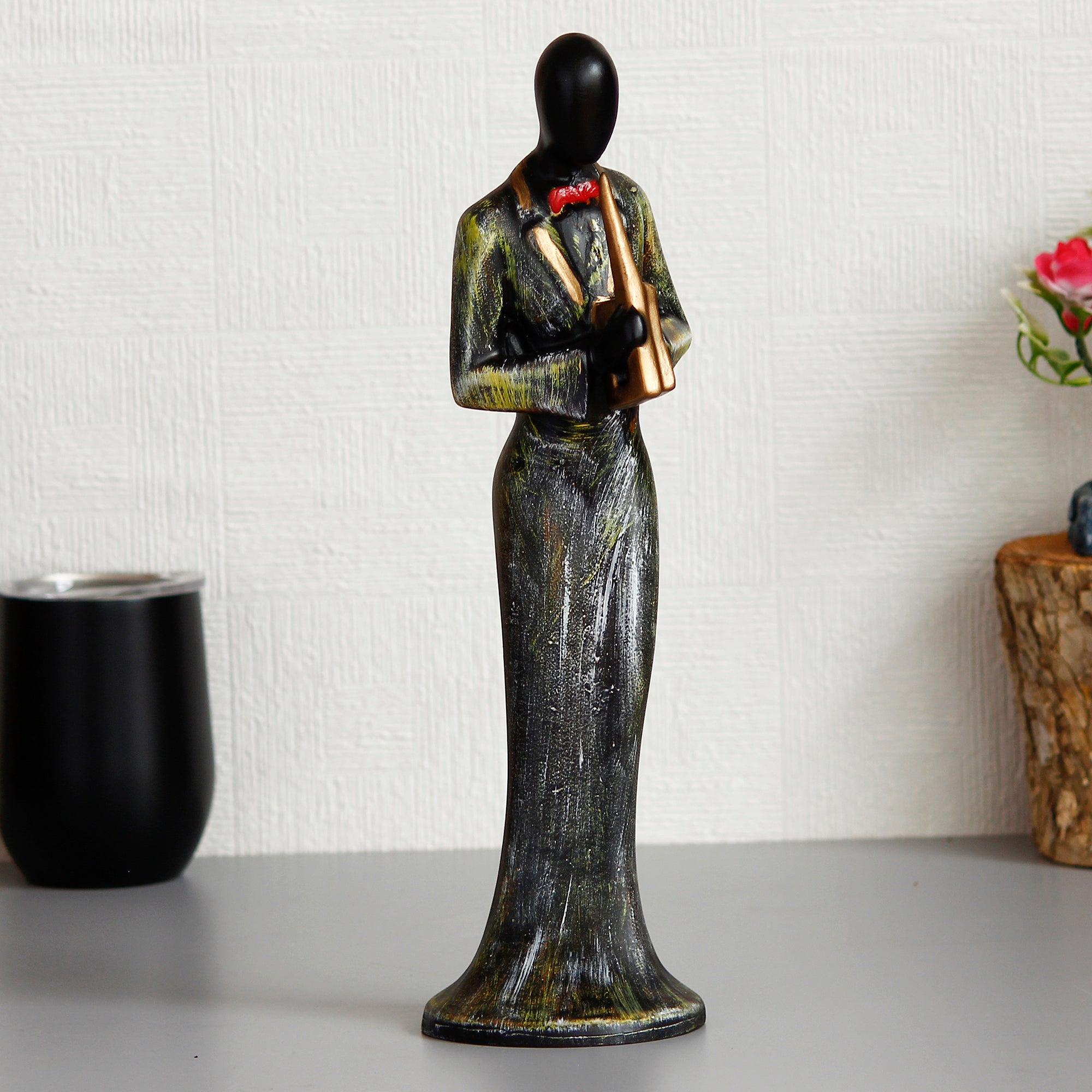 Grey and Black Polyresin Lady figurine Playing Wind Musical Instrument Handcrafted Decorative Showpiece