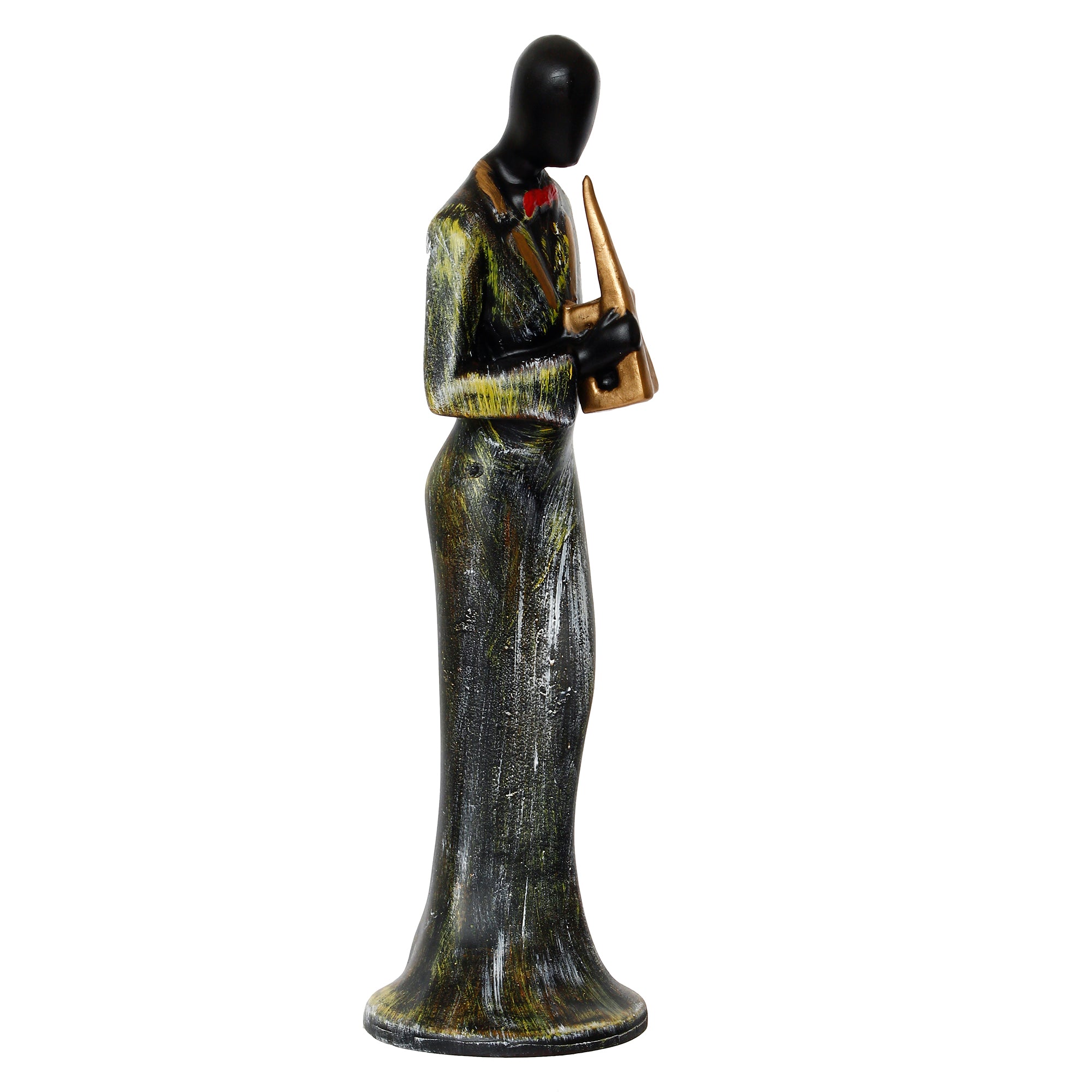 Grey and Black Polyresin Lady figurine Playing Wind Musical Instrument Handcrafted Decorative Showpiece 4