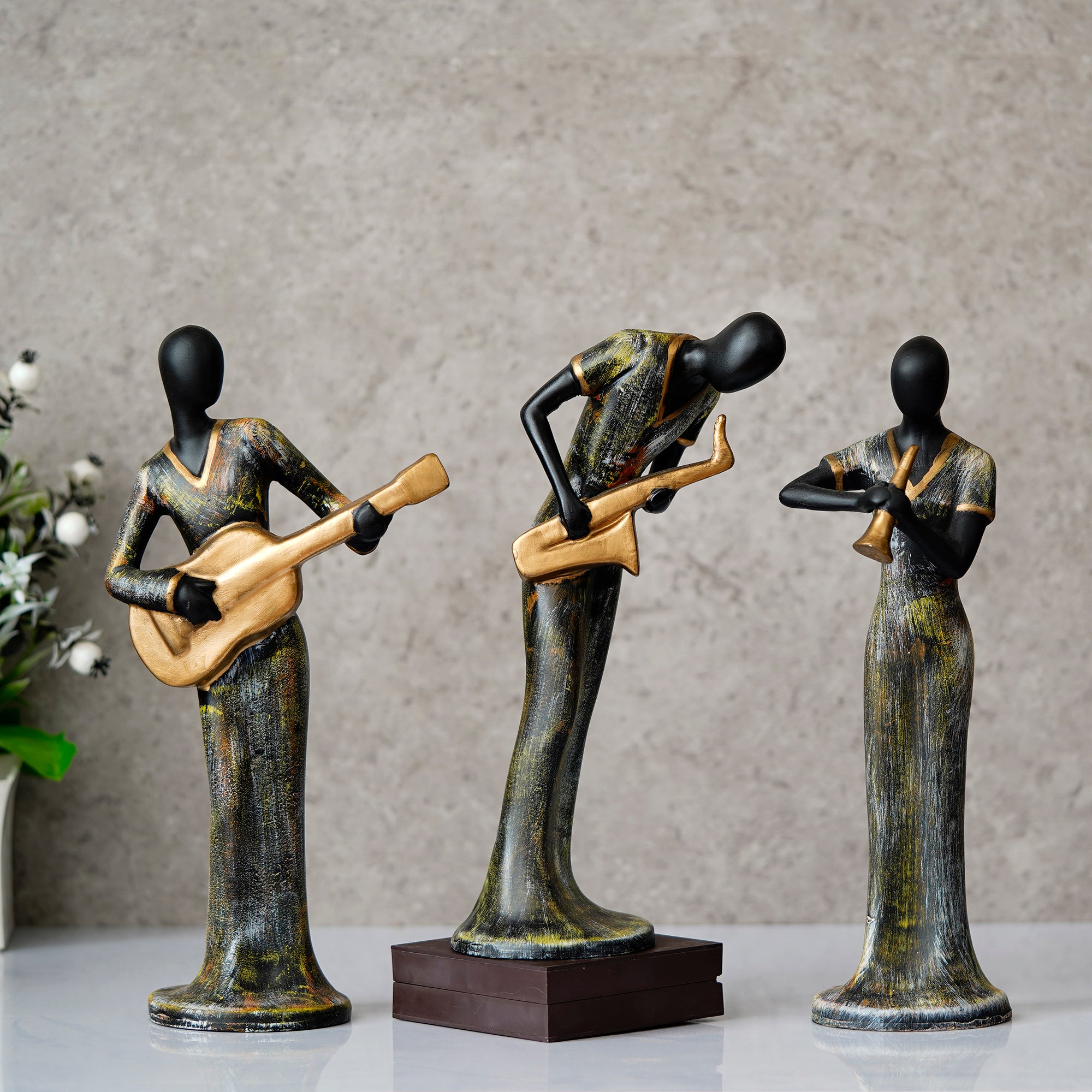 Grey and Black Polyresin Set of 3 Ladies figurines Playing Guitar, Clarinet, Saxophone Musical Instrument Handcrafted Decorative Showpiece 1
