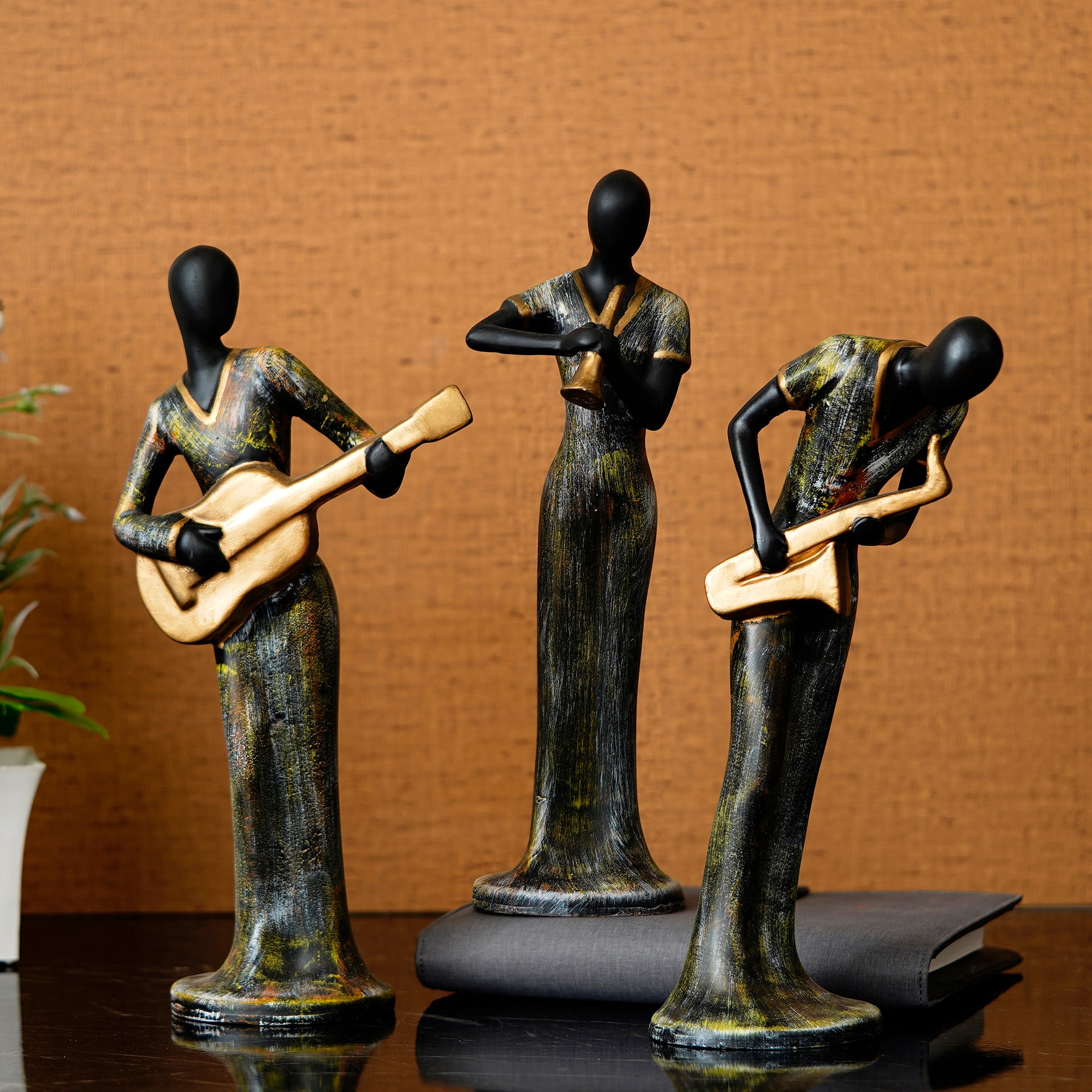 Grey and Black Polyresin Set of 3 Ladies figurines Playing Guitar, Clarinet, Saxophone Musical Instrument Handcrafted Decorative Showpiece