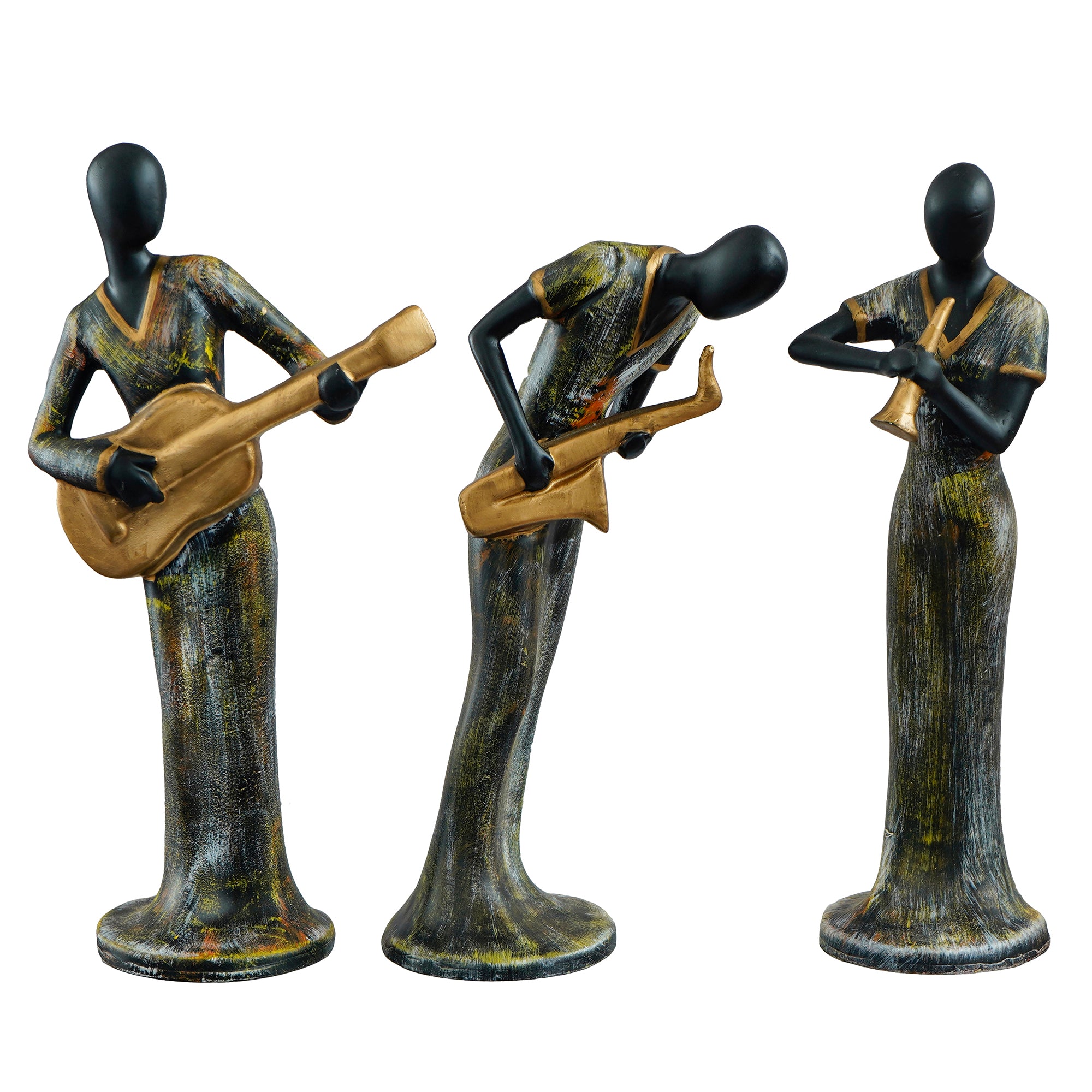 Grey and Black Polyresin Set of 3 Ladies figurines Playing Guitar, Clarinet, Saxophone Musical Instrument Handcrafted Decorative Showpiece 2