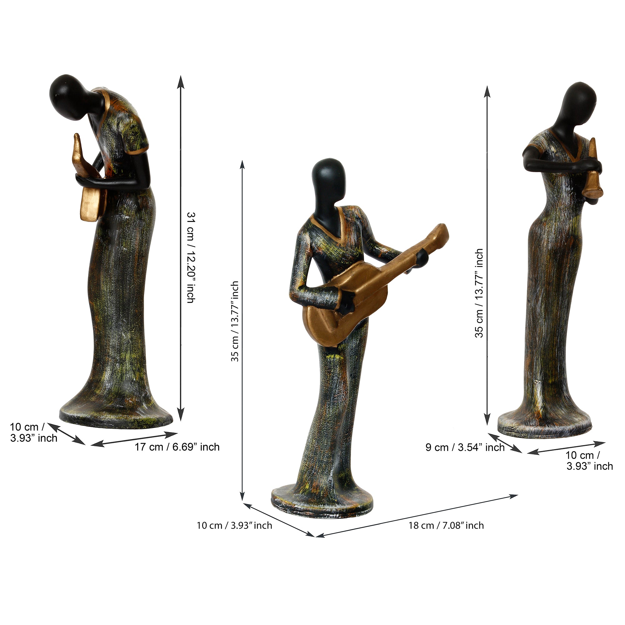 Grey and Black Polyresin Set of 3 Ladies figurines Playing Guitar, Clarinet, Saxophone Musical Instrument Handcrafted Decorative Showpiece 3