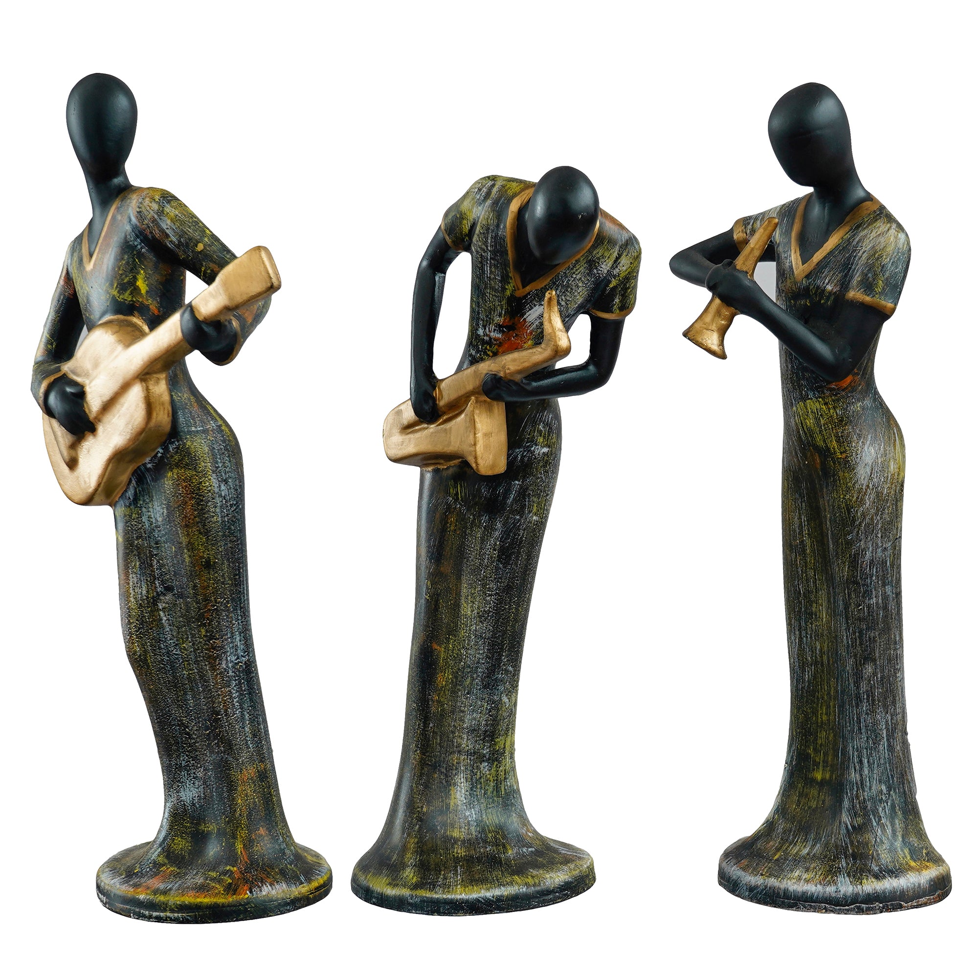 Grey and Black Polyresin Set of 3 Ladies figurines Playing Guitar, Clarinet, Saxophone Musical Instrument Handcrafted Decorative Showpiece 5
