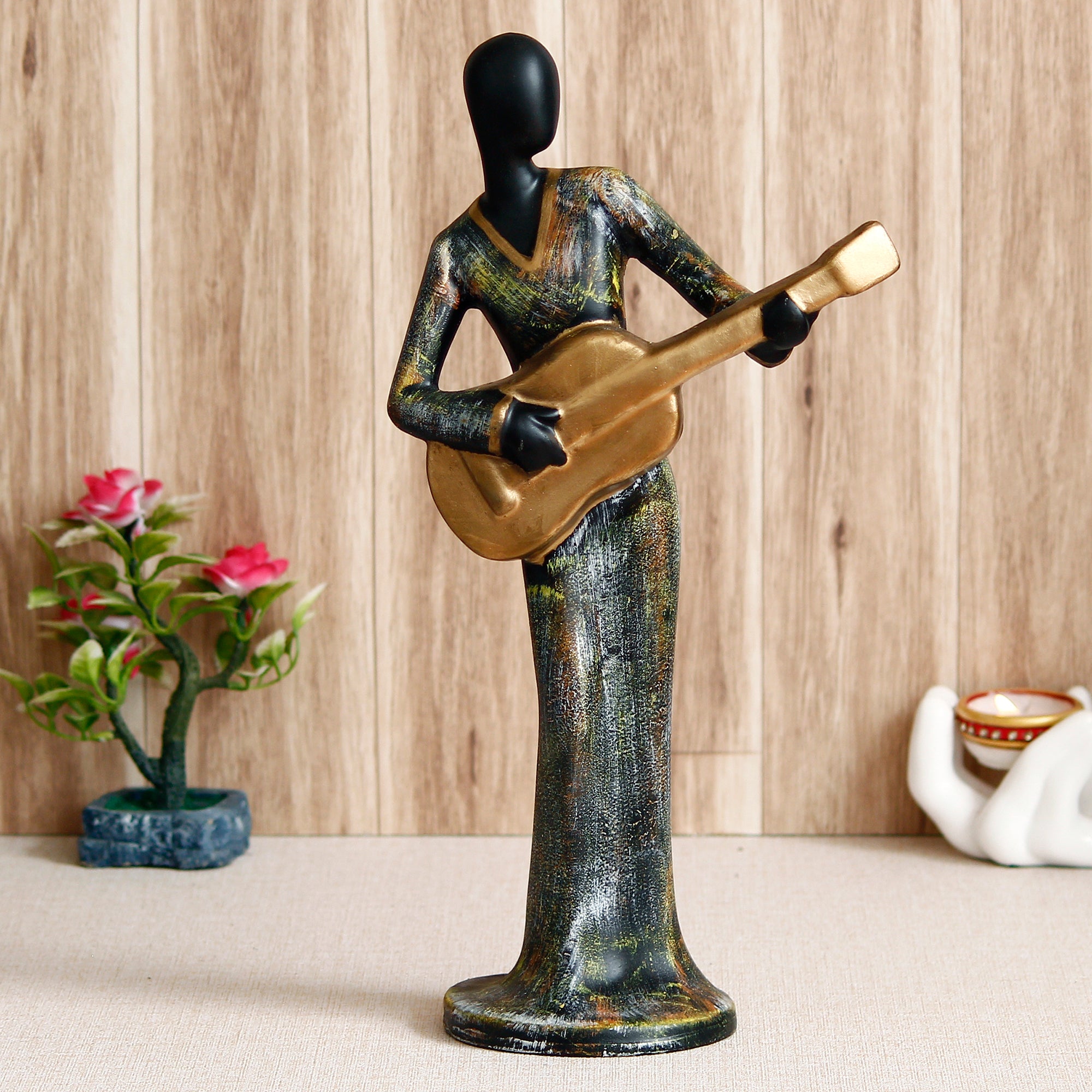 Grey and Black Polyresin Lady figurine Playing Guitar Musical Instrument Handcrafted Decorative Showpiece 1