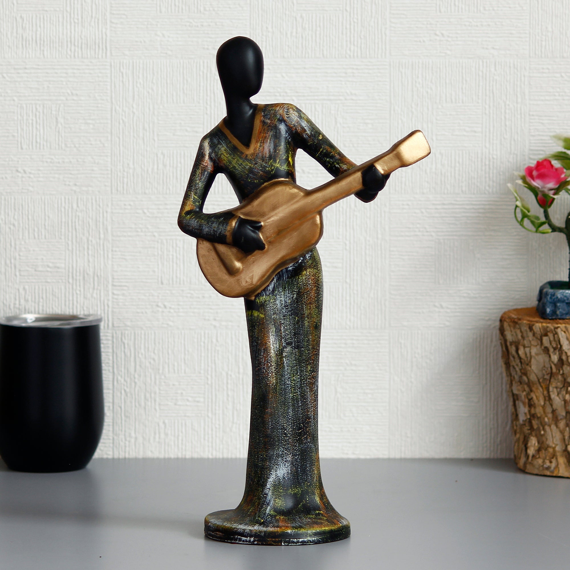 Grey and Black Polyresin Lady figurine Playing Guitar Musical Instrument Handcrafted Decorative Showpiece