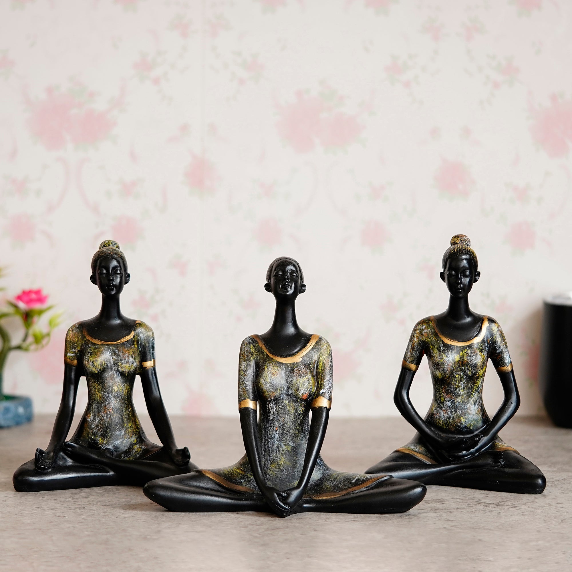 Set of 3 Ladies in Sukhasana, Padmasana, Butterfly Yoga Poses Handcrafted Decorative Polyresin Showpieces