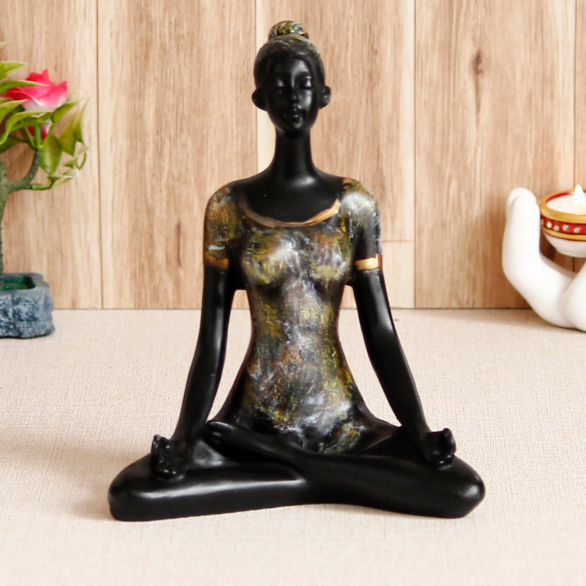Grey and Black Polyresin Meditating lady in Sukhasana Yoga Pose Handcrafted Decorative Showpiece 1